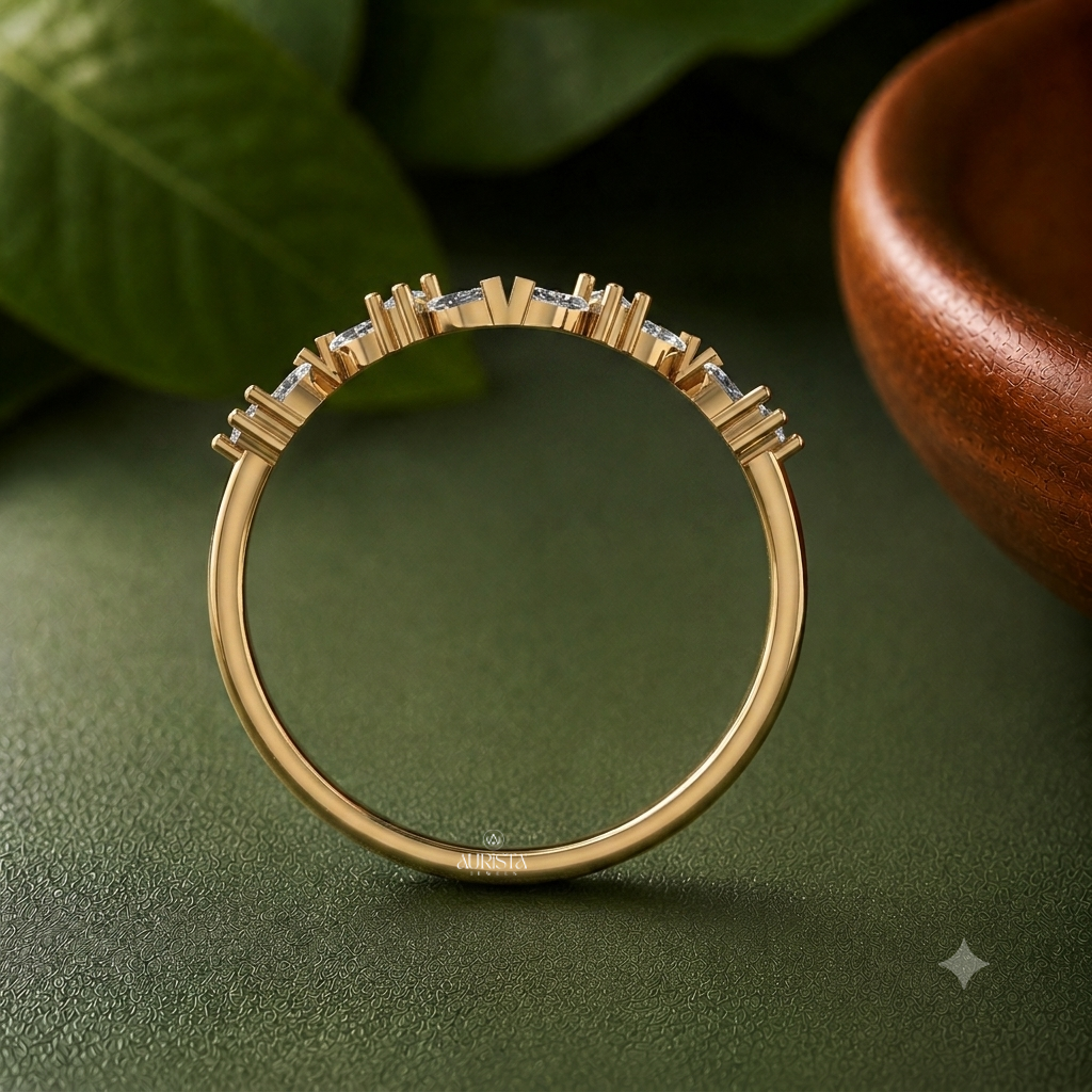 Lab Grown Diamond Gold Curved Ring V Shaped Wedding Band Contour Stacking Ring
