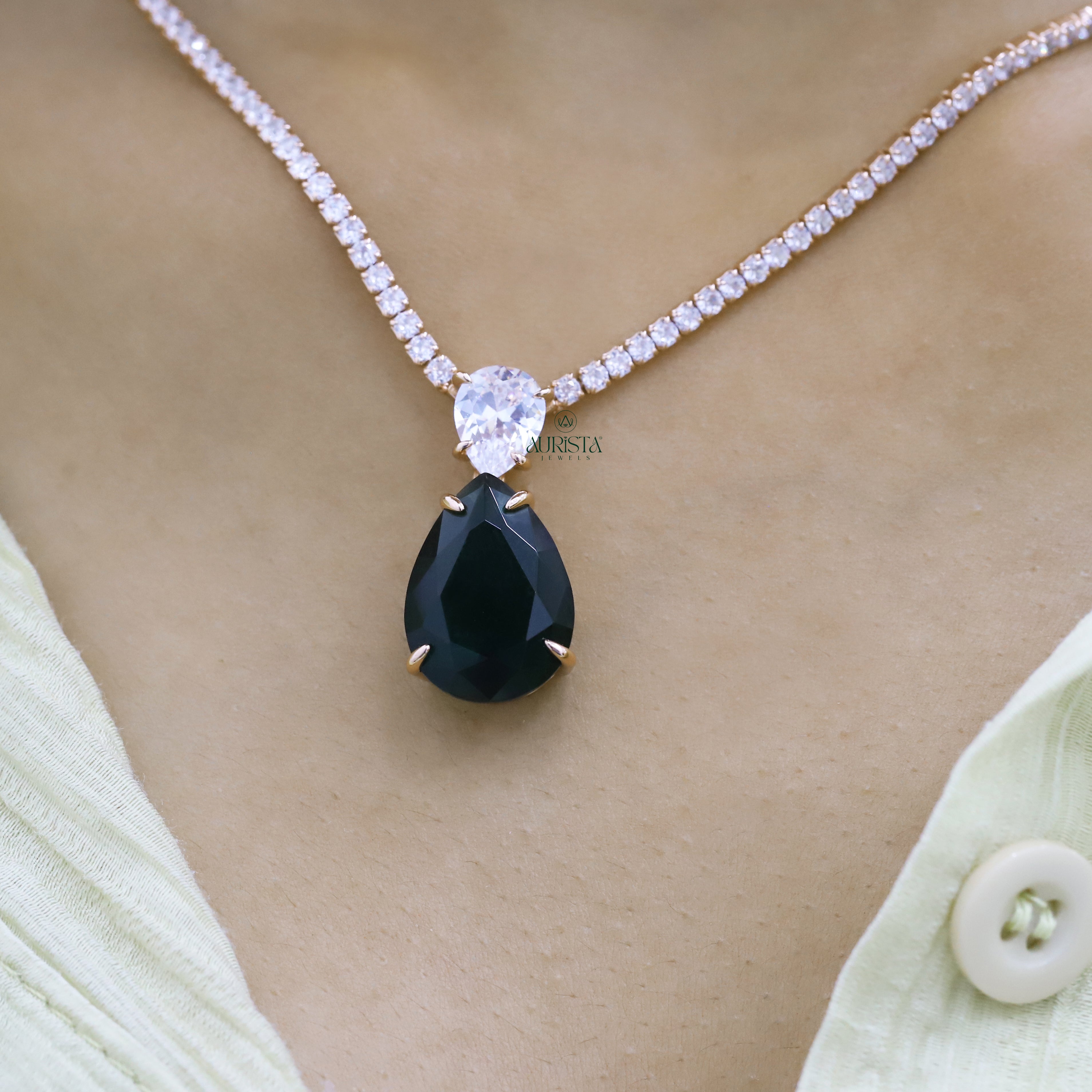 Round Moissanite Tennis Necklace with Pear-Cut Green Drop Pendant