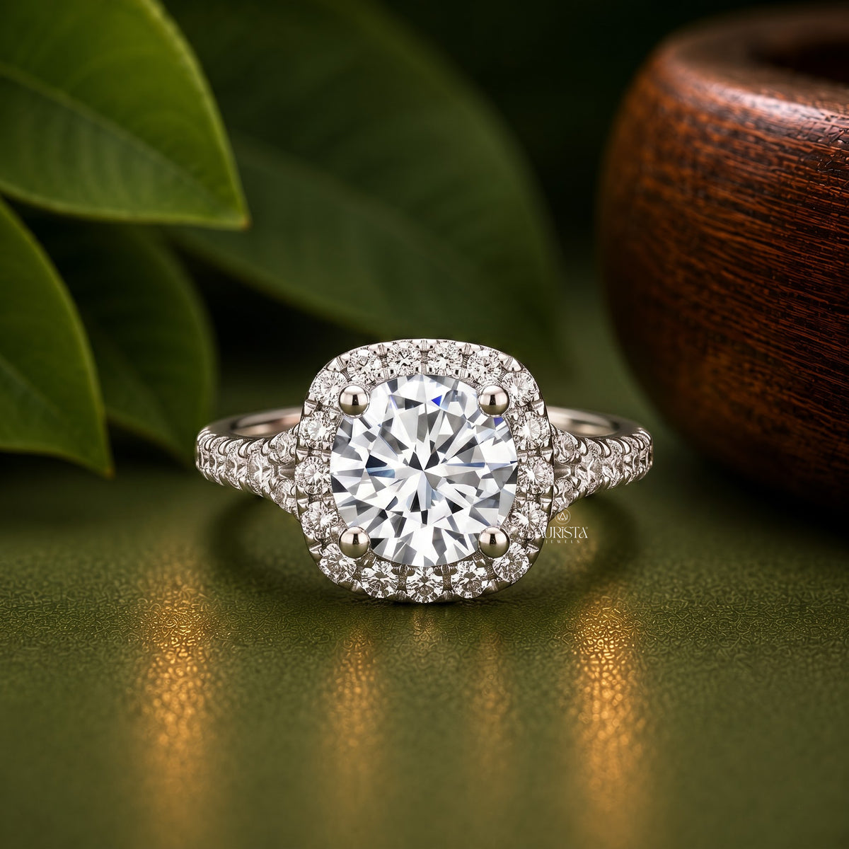 Round Lab Grown Diamond Ring Set, Cushion Halo Split Shank White Gold Side Stones