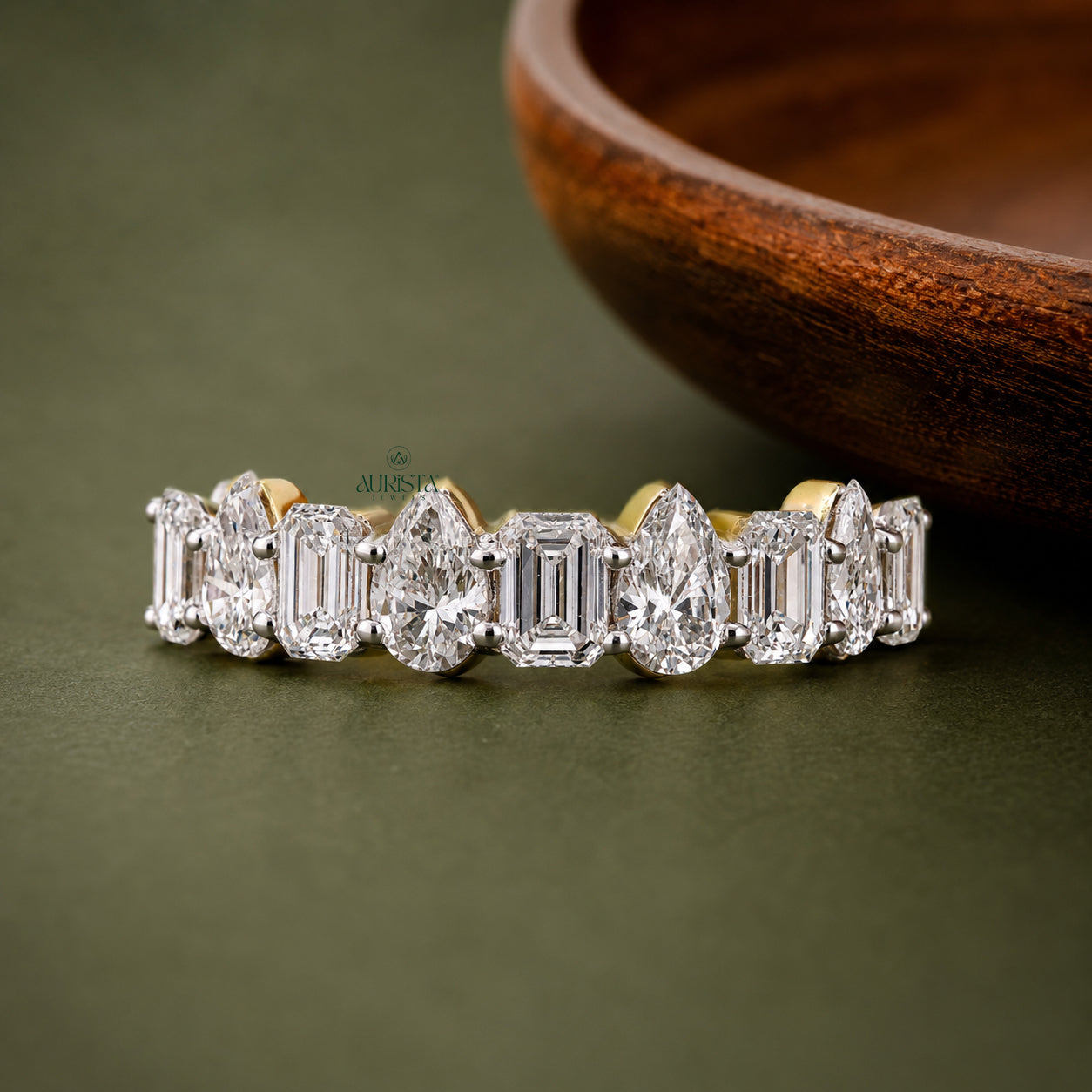 Mixed Cut Lab Grown Diamond Band, Emerald & Pear Shape, Unique Wedding Ring