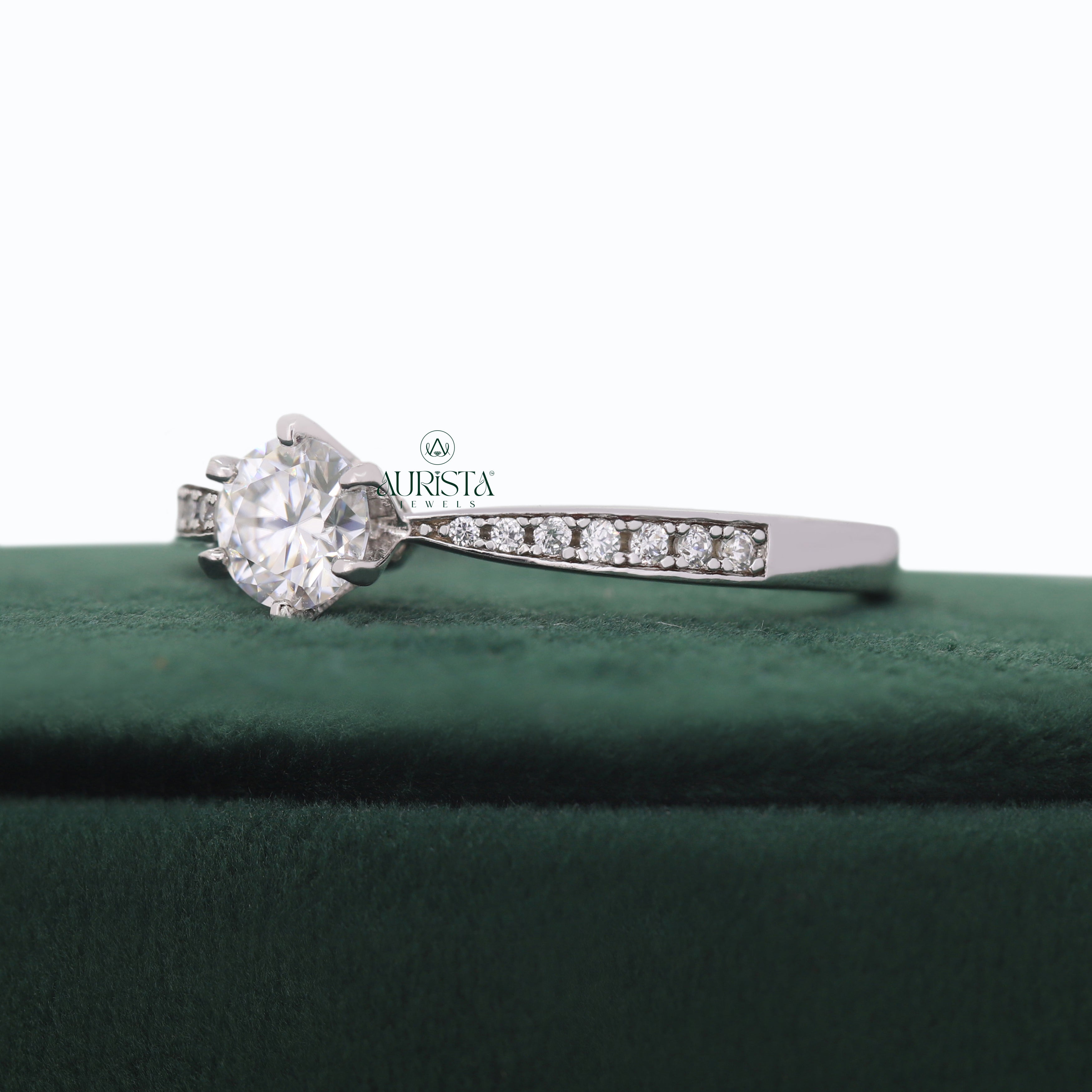 Round Cut Lab Grown Diamond ,  Side Stone,White Gold, Engagement Ring
