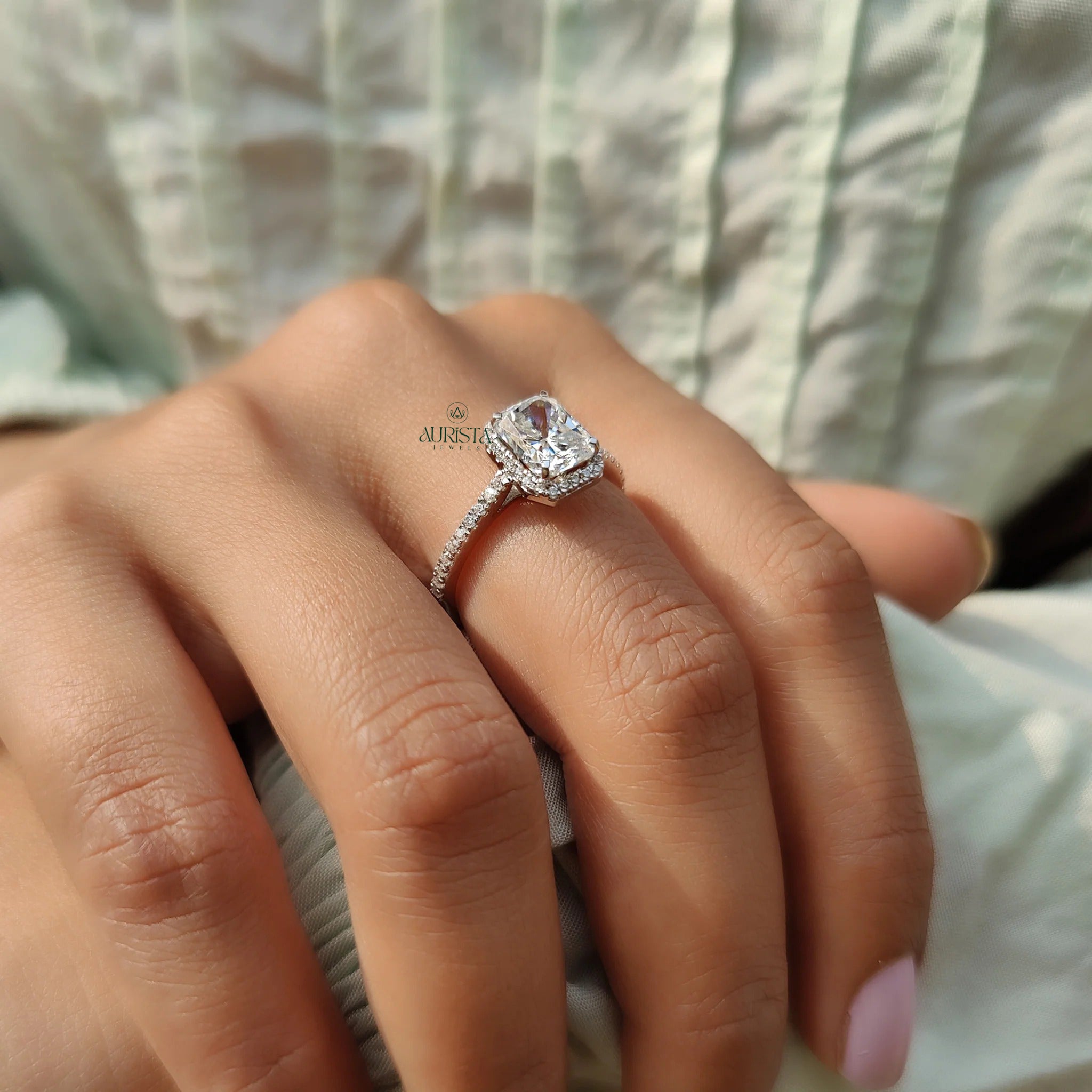 Radiant Cut Moissanite Halo Engagement Ring with Diamond Pave Band