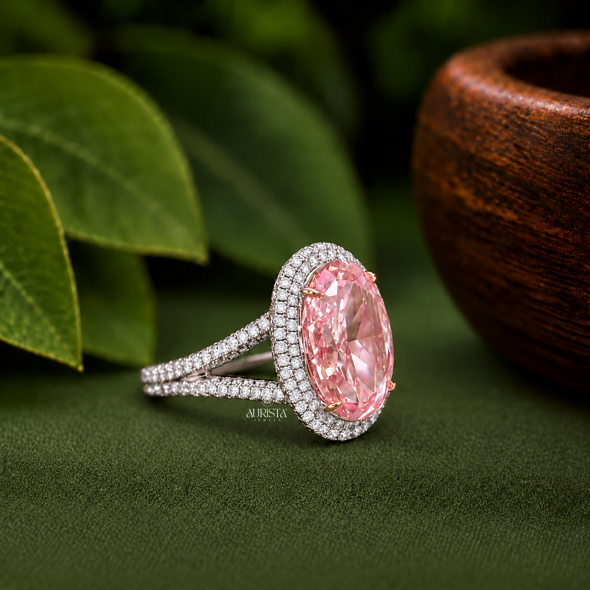 Lab Grown in Diamond Pink Oval Halo Engagement Ring Split Shank Statement Band