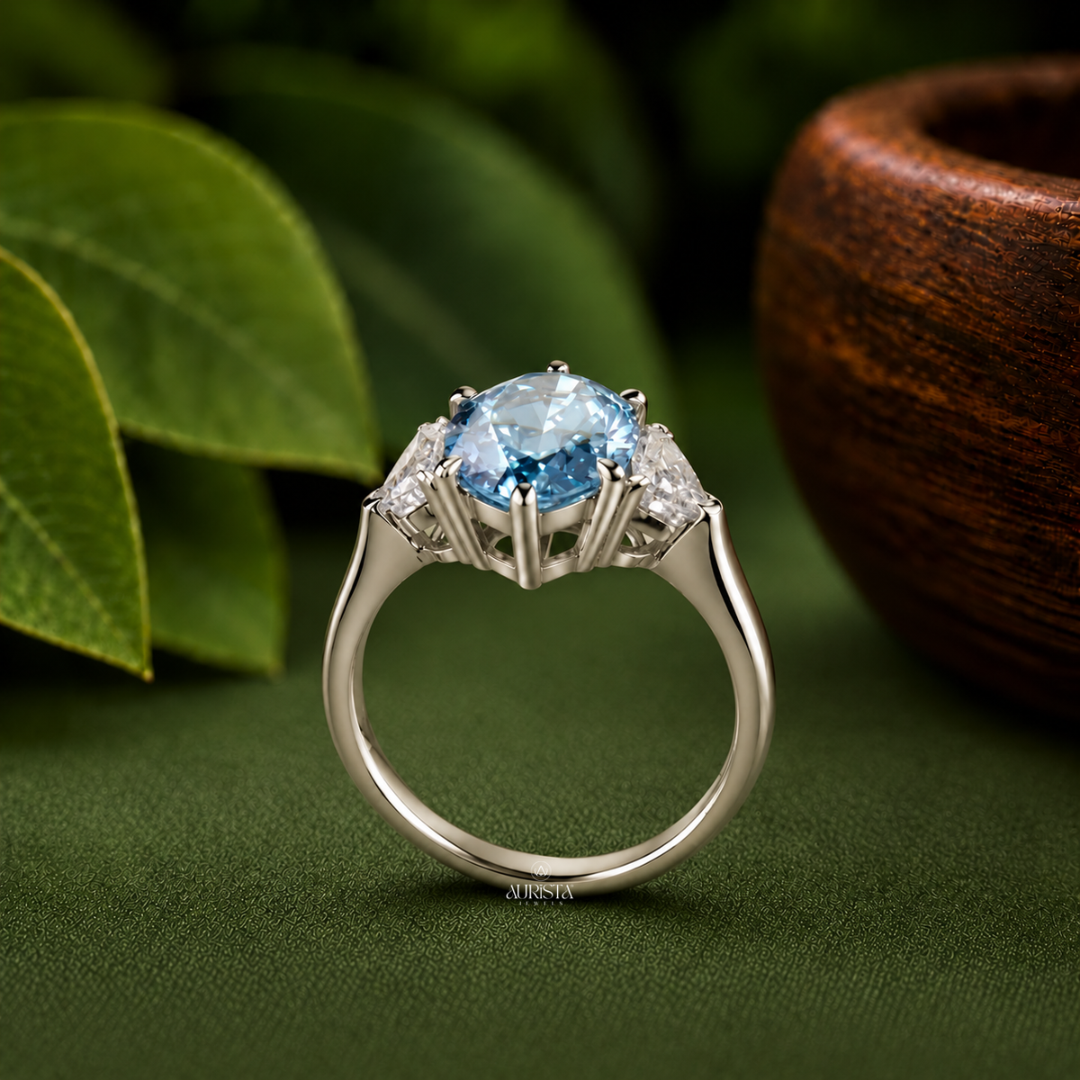 Lab Grown in Diamond Blue Marquise Engagement Ring Three Stone Statement Ring