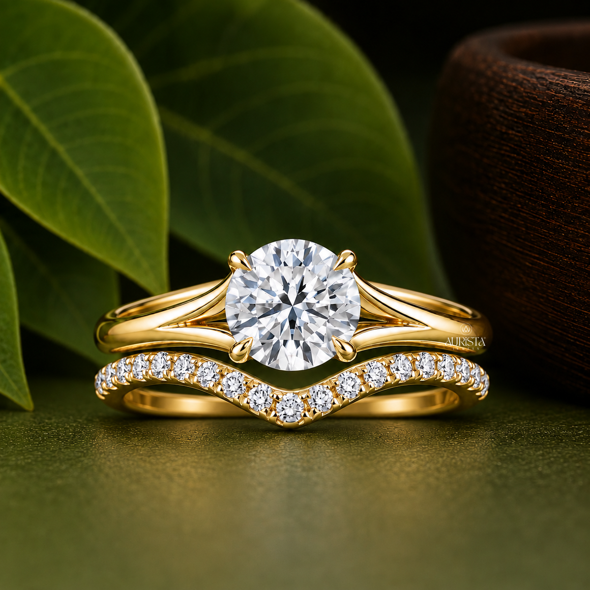 1 CT Round Lab Grown Diamond Engagement Ring & Gold Contour Bridal Set