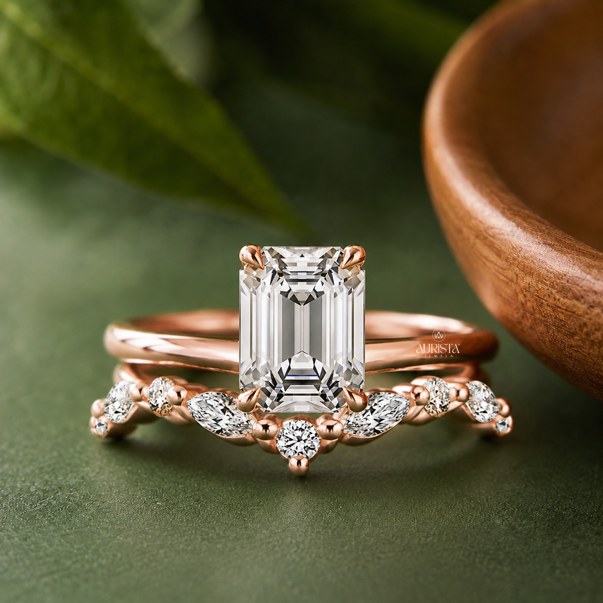 Emerald & Marquise Lab Grown Diamond Bridal Set, V-Shape Chevron Wedding Band