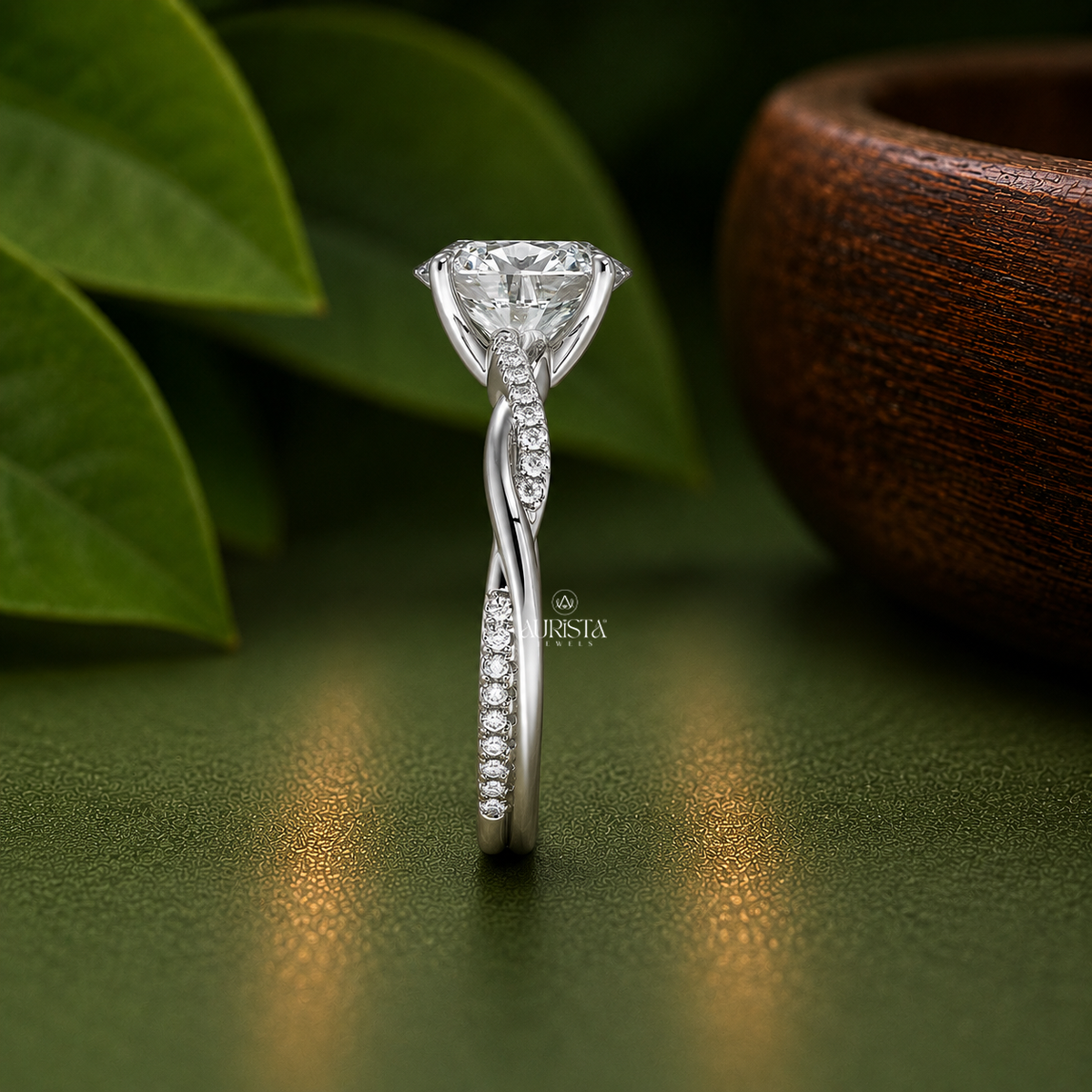 Oval Lab Grown Diamond Ring, Unique Twisted Pavé Band Minimalist Jewelry