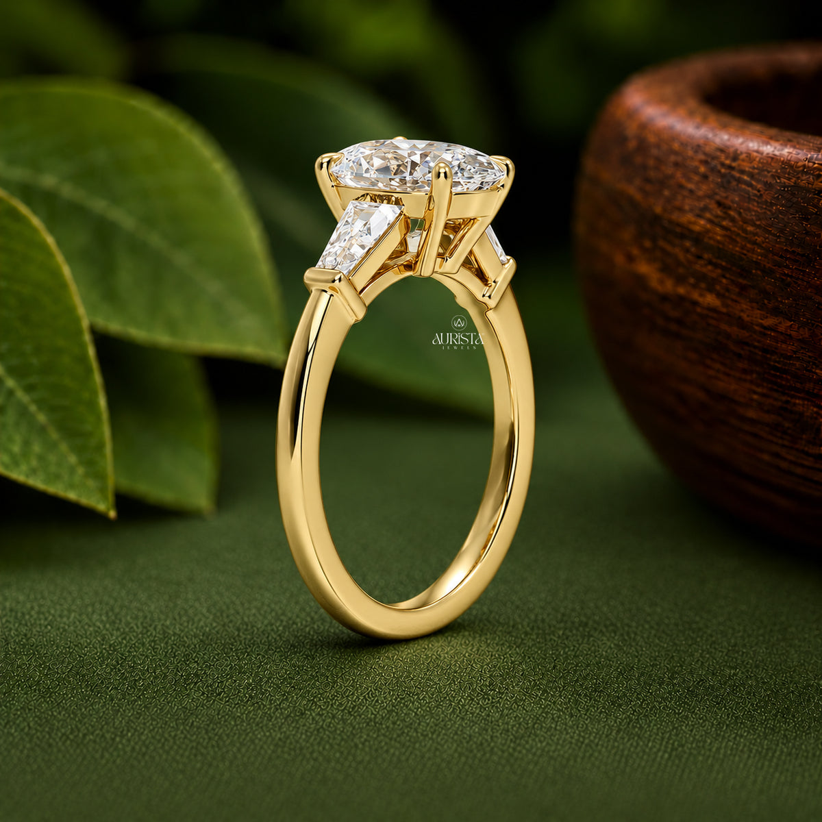 Oval & Tapered Baguette Lab Grown Diamond Ring, Three Stone Anniversary Gift