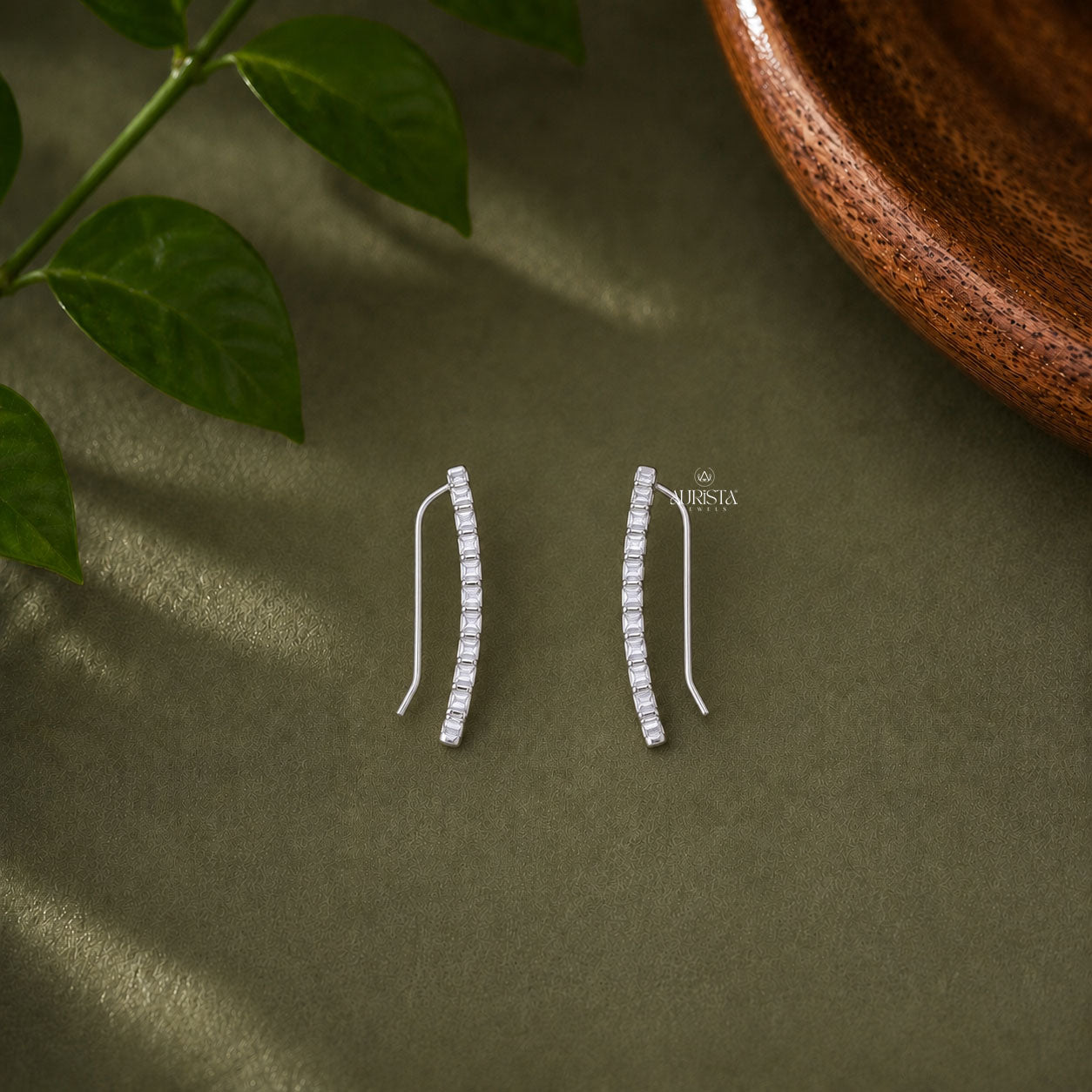 Round Diamond Graduated Ear Climber Earrings - Bezel Set Crawler Earrings