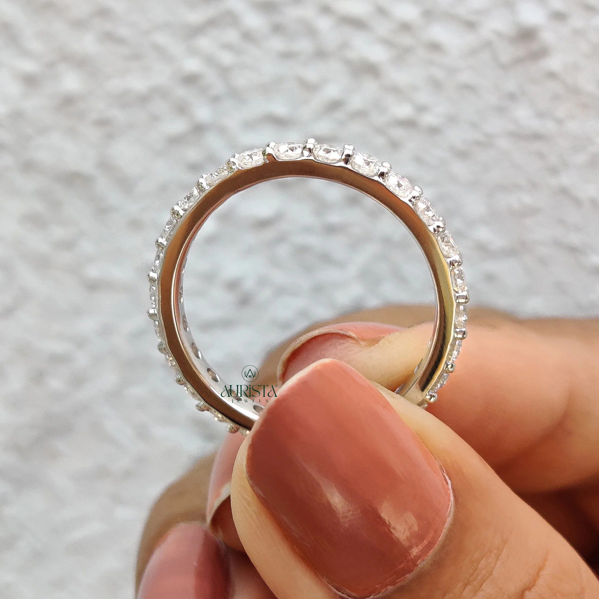 Round Cut Moissanite Diamond Full Eternity Band Minimalist Stackable Wedding Ring