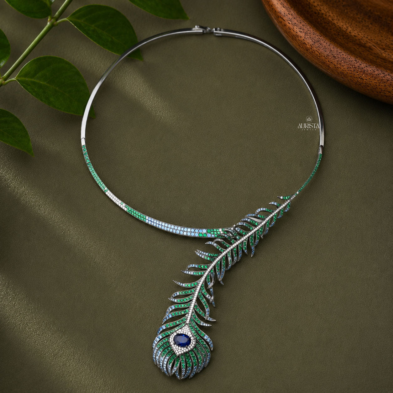 Peacock Feather Moissanite Choker Set - Blue Sapphire & Oval Gemstone Jewelry