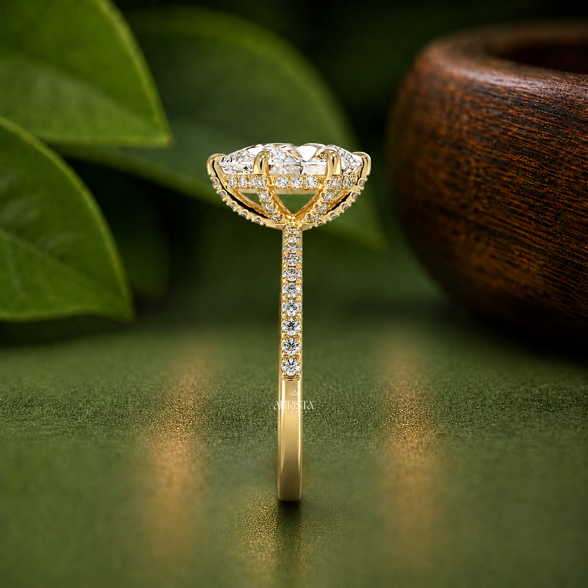 Pear Shaped Lab Grown Diamond Hidden Halo Ring, Delicate Pave Engagement Band Jewelry