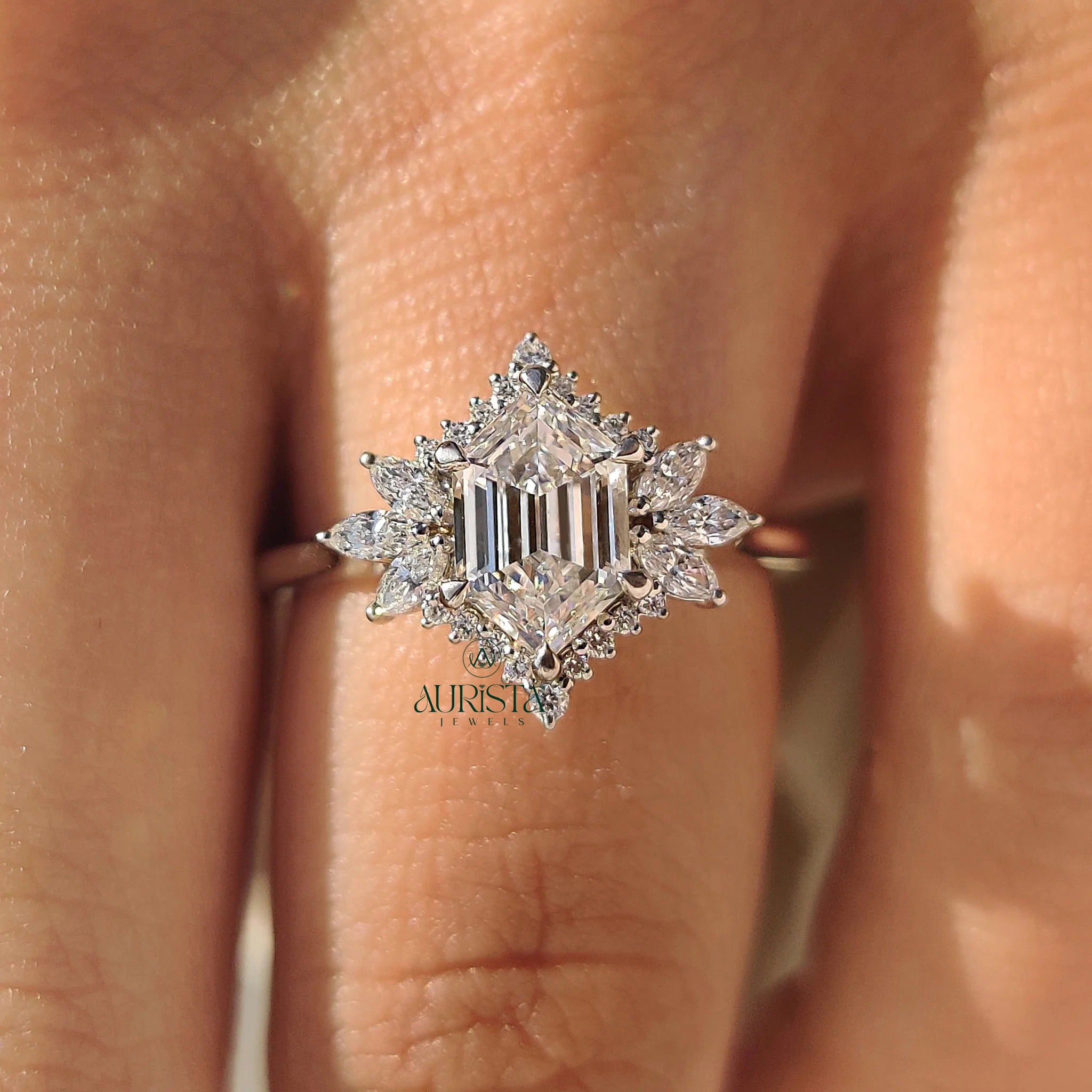 Luxury Hexagon Cut Diamond Ring with Royal Floral Halo Design