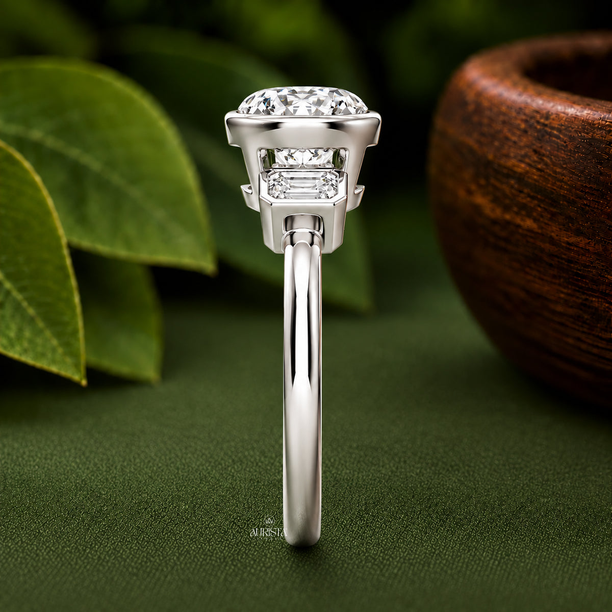 Round & Emerald Lab Grown Diamond Bezel Ring, Three Stone Engagement Wedding Band