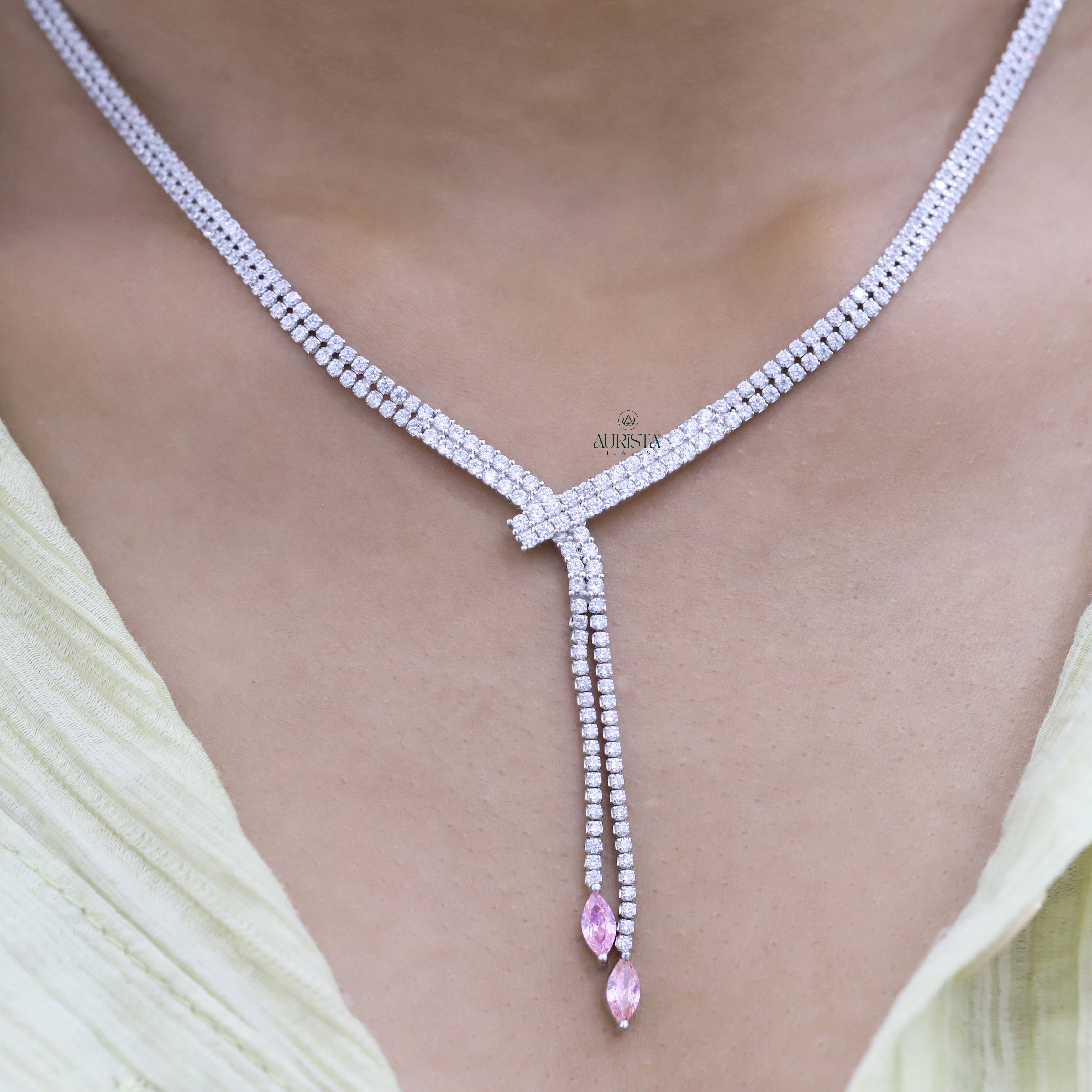 Elegant Moissanite Necklace and Earring Set with Round and Pink Marquise Accents