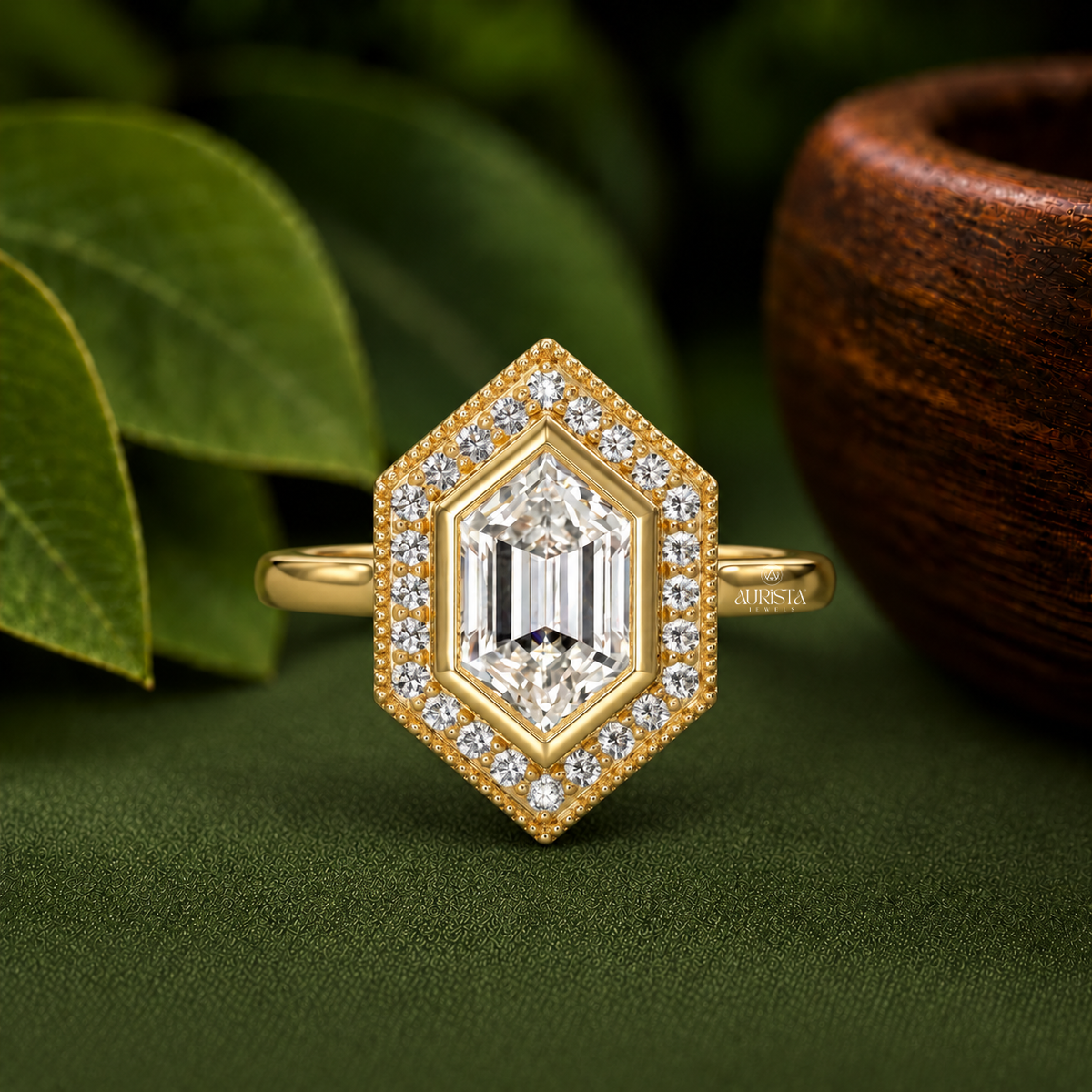 Hexagon Moissanite Diamond Ring, Rose Gold Halo Engagement Ring With Vintage Detail