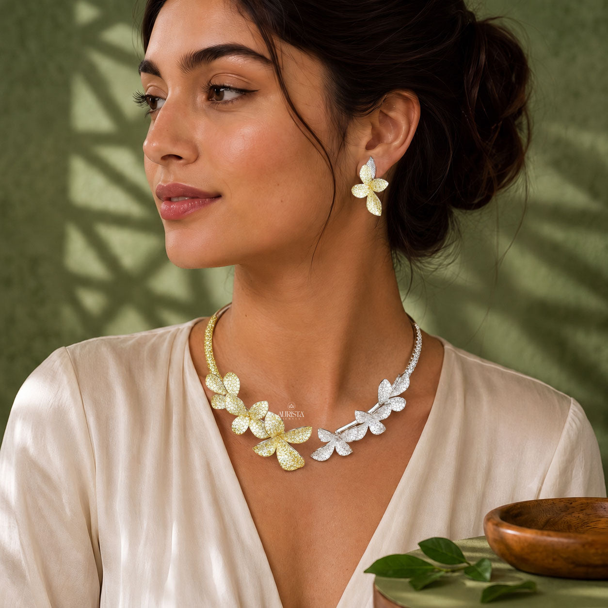 Two Tone Floral Moissanite Choker Set - Yellow & White Gemstone Flower Jewelry