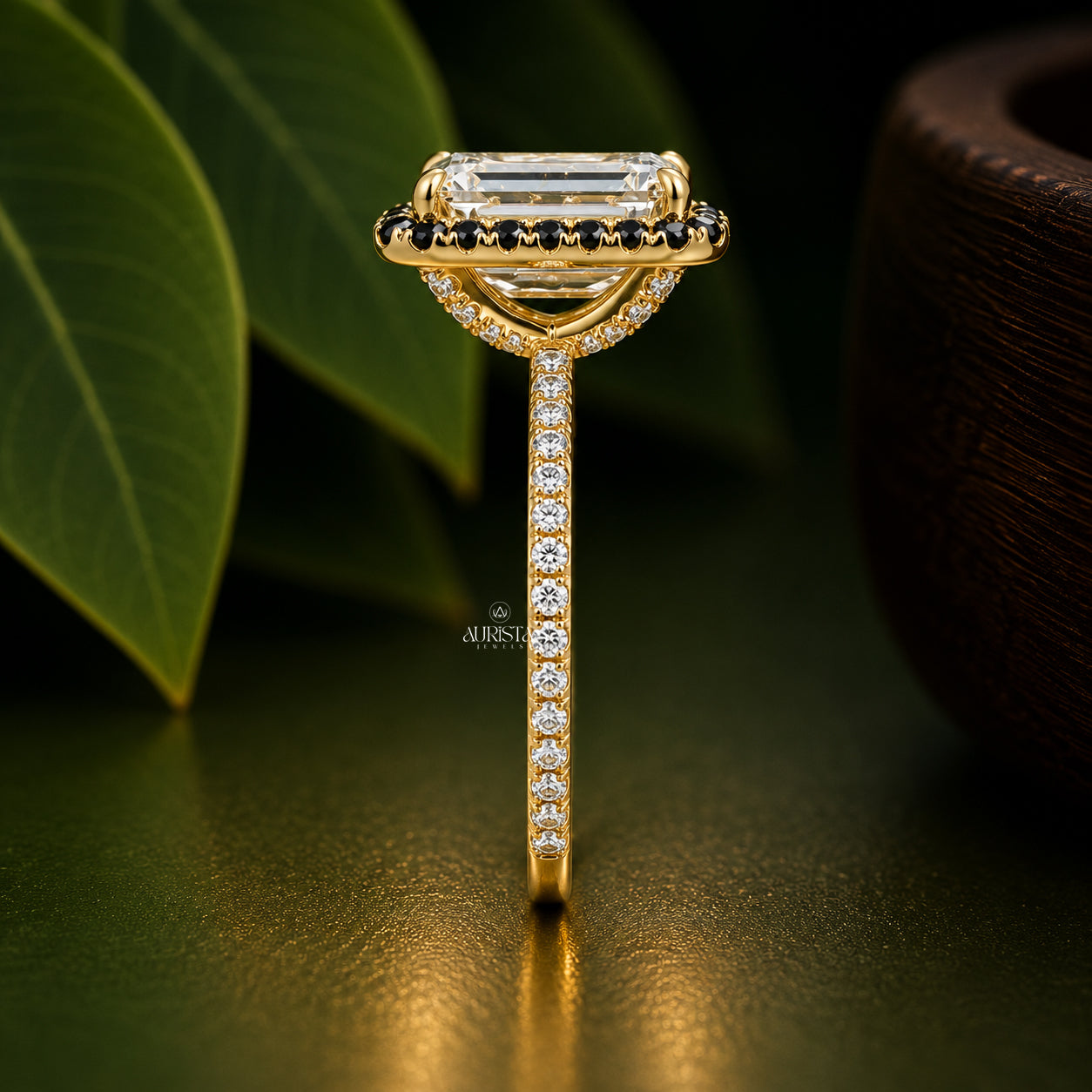 Emerald Cut Lab Grown Diamond Halo Ring, Black Diamond Accent Engagement Ring Band