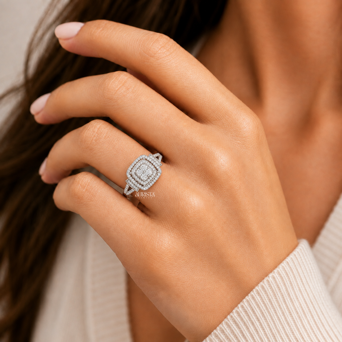 Round Moissanite Diamond Double Halo Cluster Engagement Ring White Gold Bridal