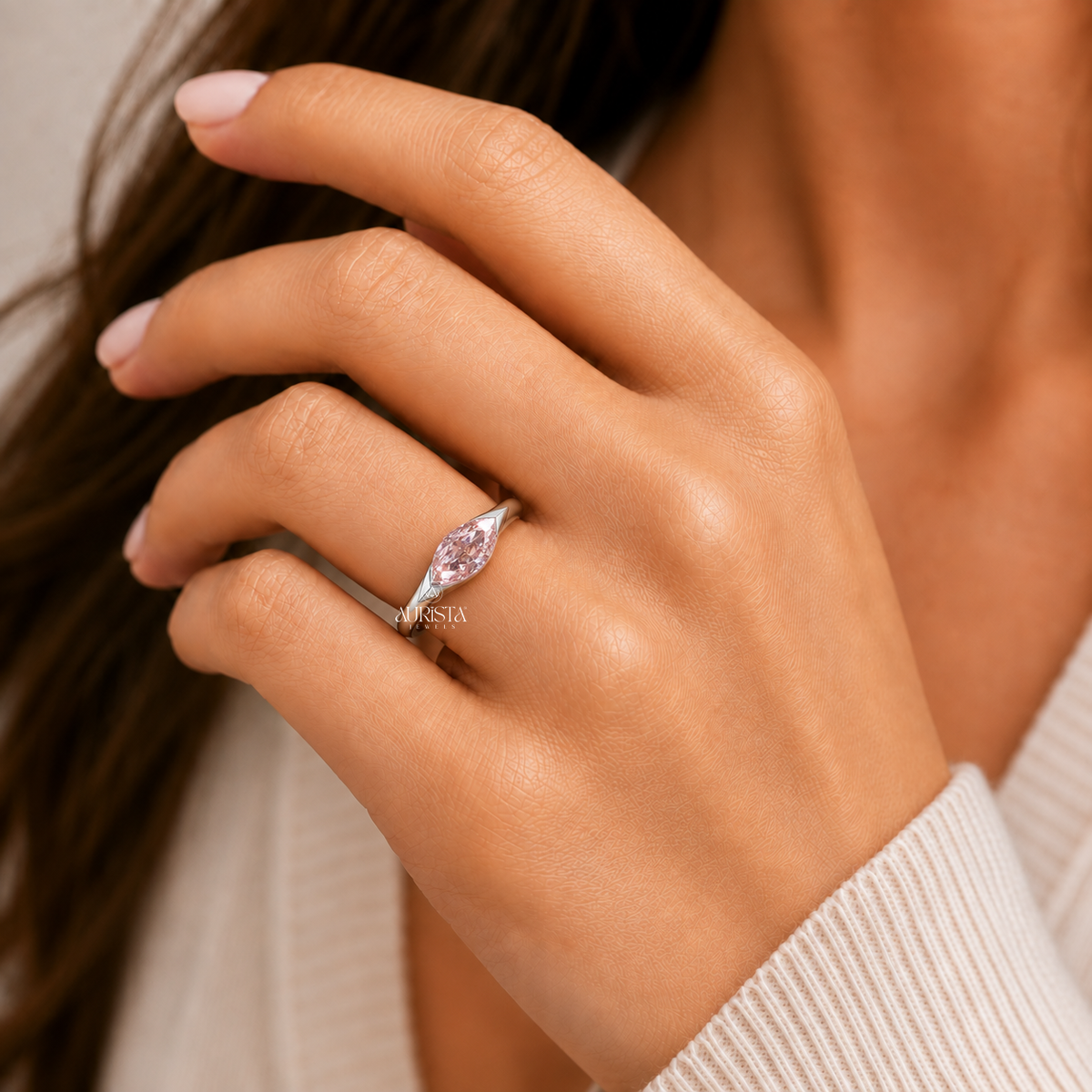 Pink Marquise Cut Bezel Set Engagement Ring Solitaire Band Lab Grown in Diamond