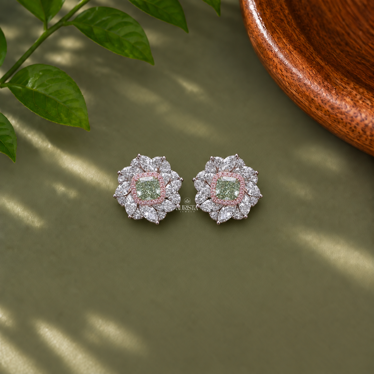Green & Pink Lab Grown Diamond Floral Cluster Earrings Fine Jewelry