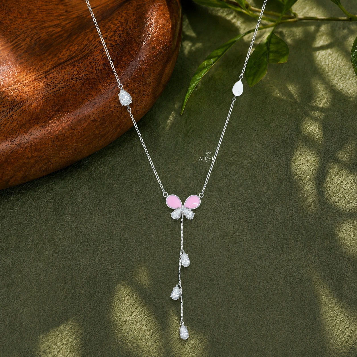 Pink Enamel Butterfly Moissanite Lariat Y Necklace With Pear Drop Charms For Women
