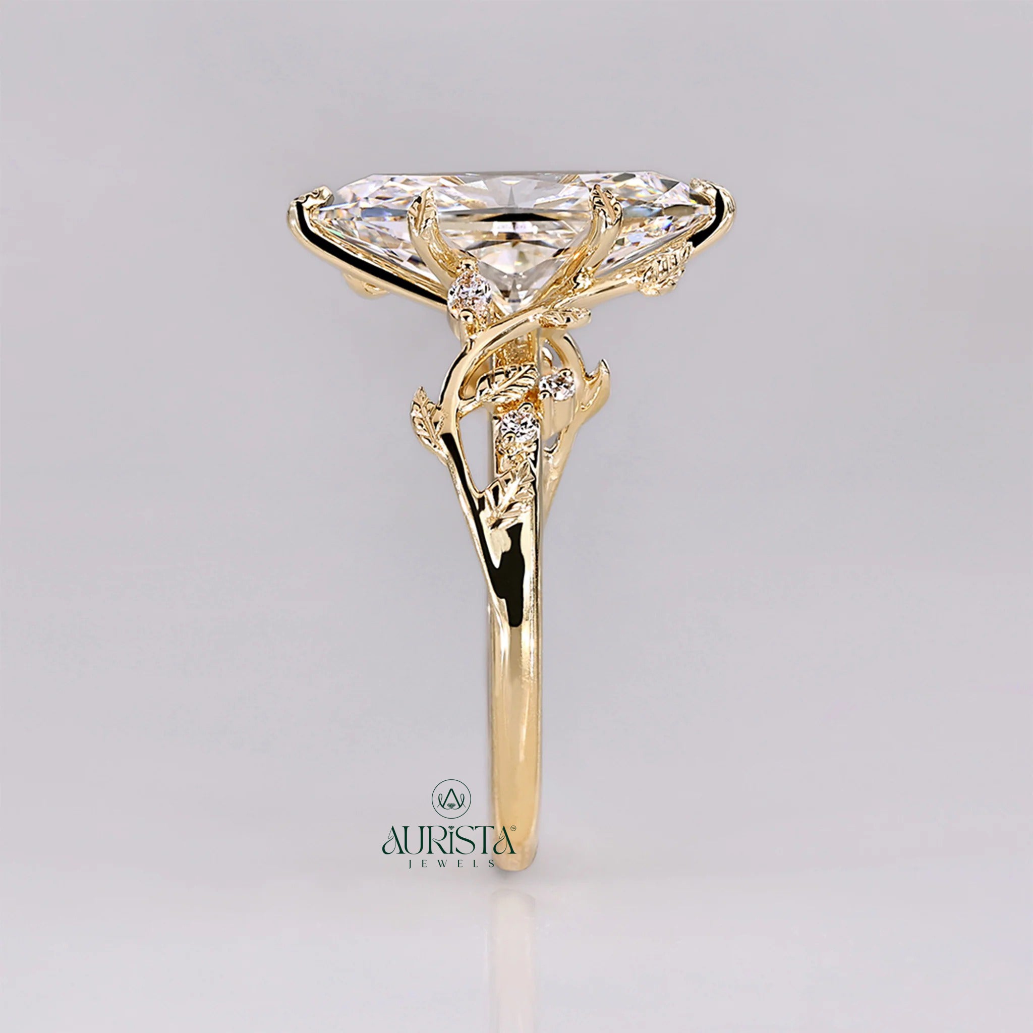 Marquise Cut Diamond Vine Ring with Leaf Accent Twig Band