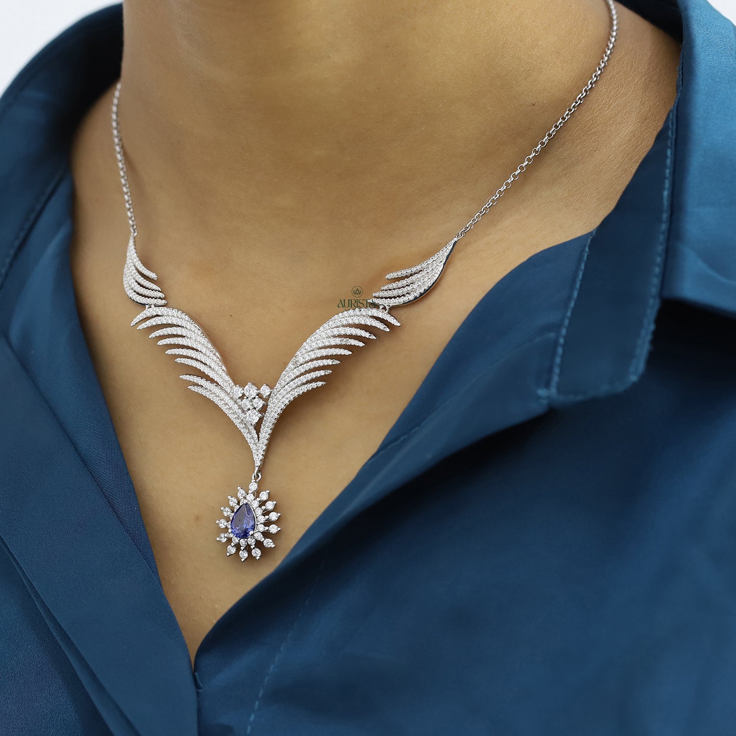 Unique Blue Pear Stone Necklace Wing Style Moissanite Statement Fine Jewelry