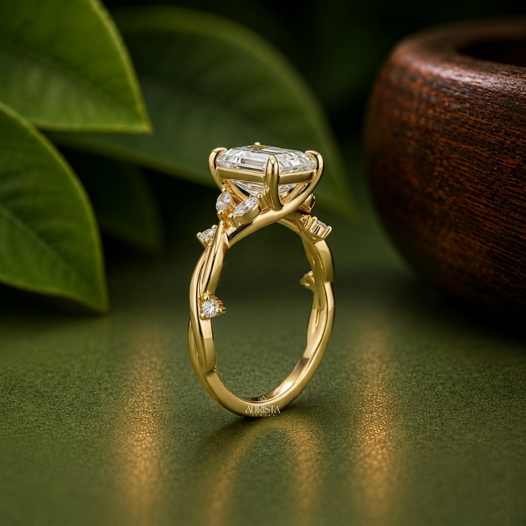 Asscher Moissanite Ring,Marquise and round Side Stones,Unique Diamond Ring