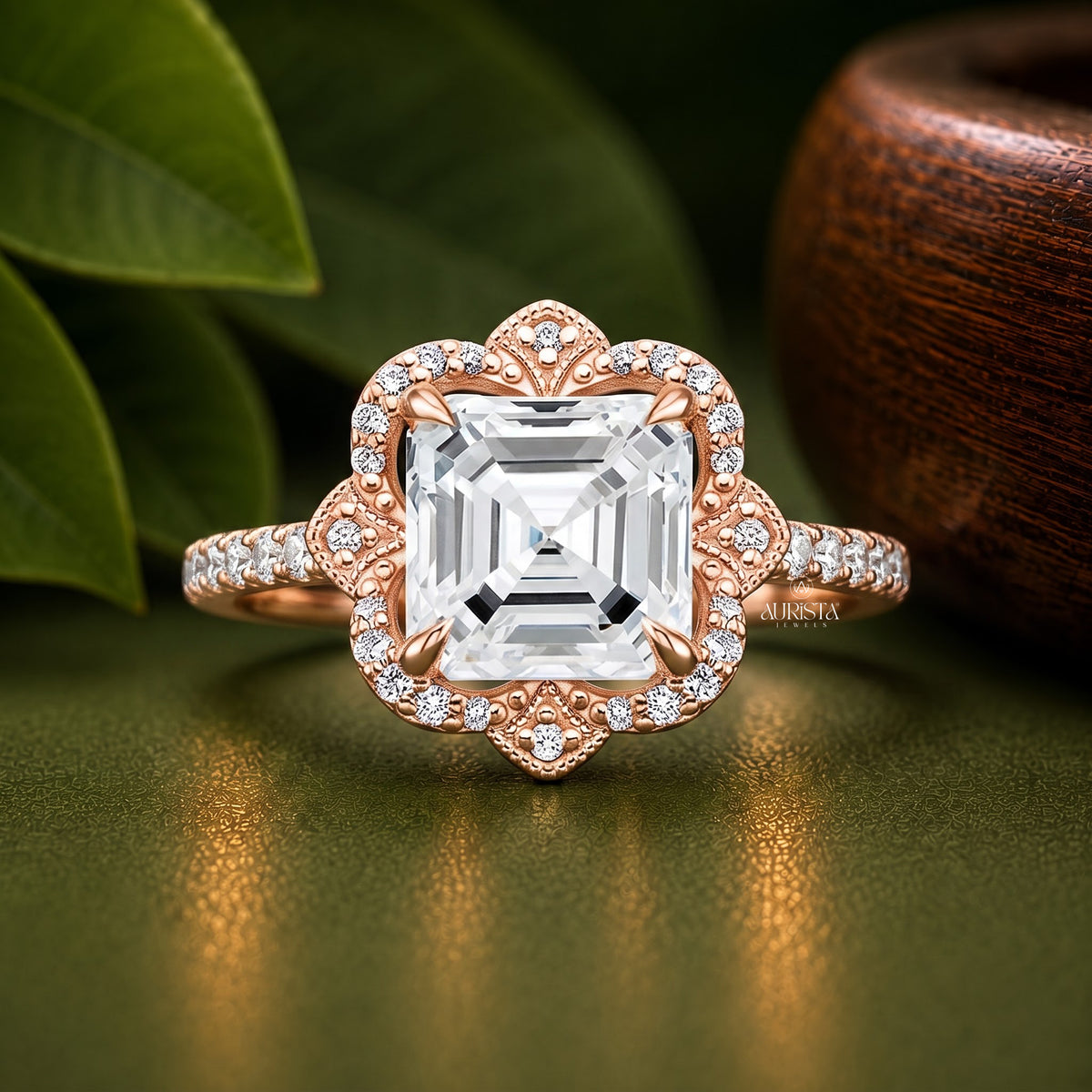 Asscher Lab Grown Diamond Ring Set, Vintage Floral Halo In Rose Gold Pave Side Stones