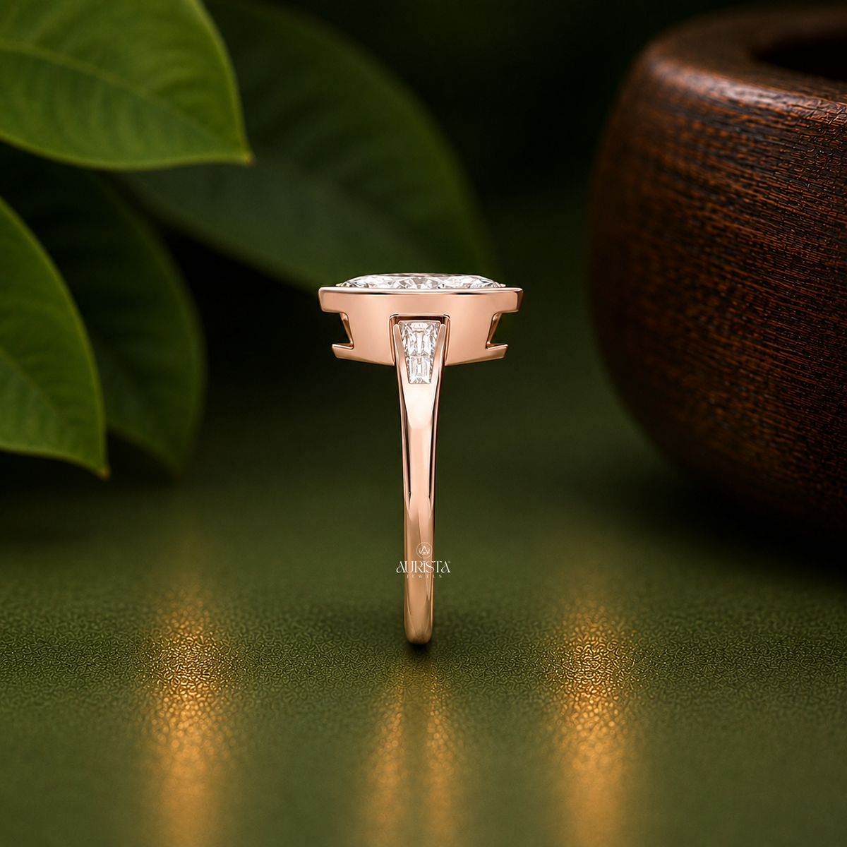 Marquise Lab Grown Diamond Ring, Bezel Set Rose Gold With Tapered Baguette Side Stones