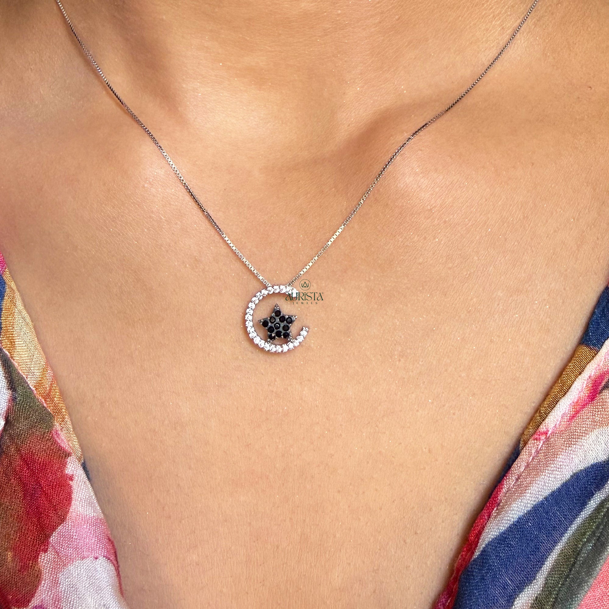 Pave Crescent Moon & Black Star Pendant