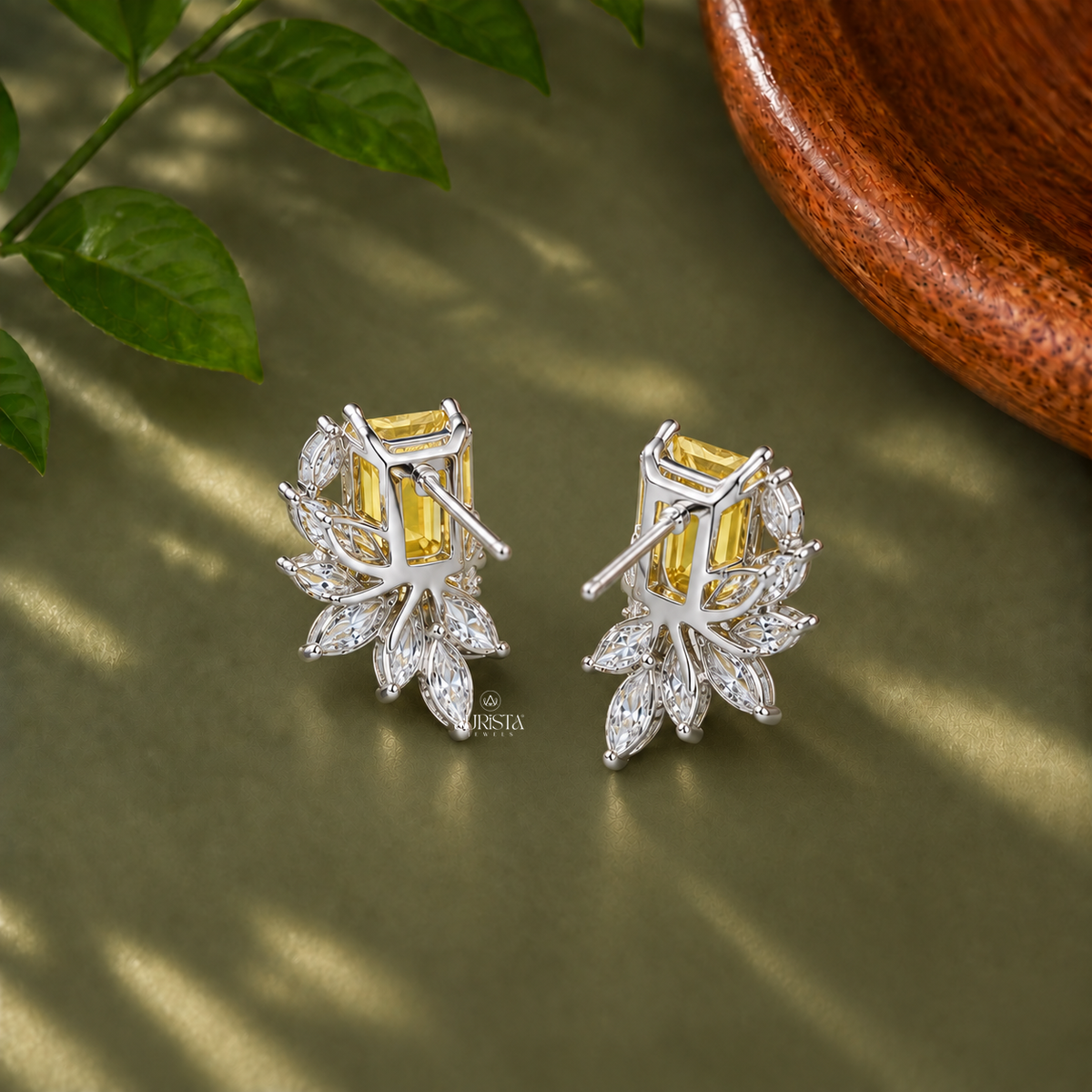 Yellow Emerald Cut Cluster Earrings Lab Grown in Diamond Botanical Statement Studs