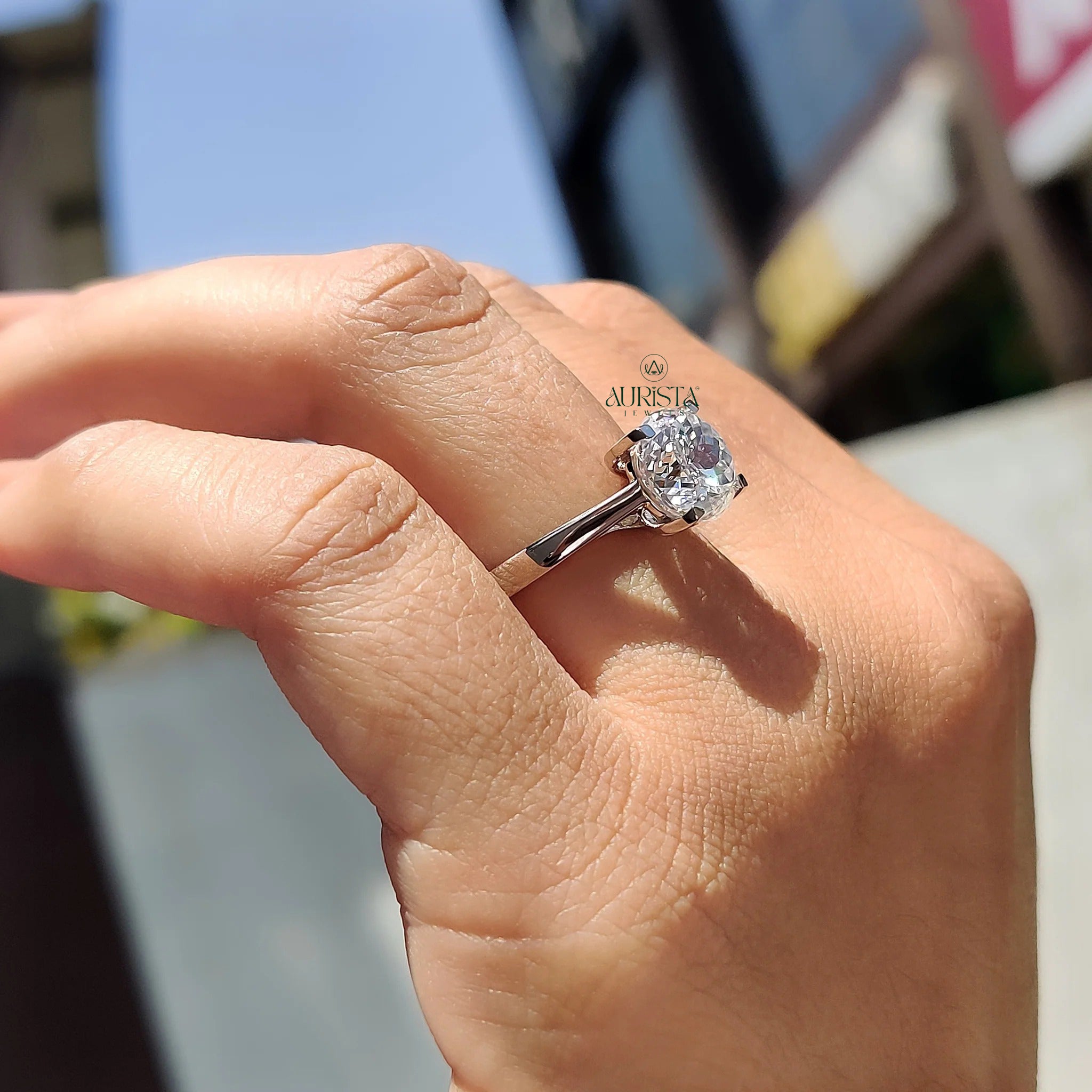 Portuguese Cut Moissanite Solitaire Engagement Ring Minimalist White Gold Band