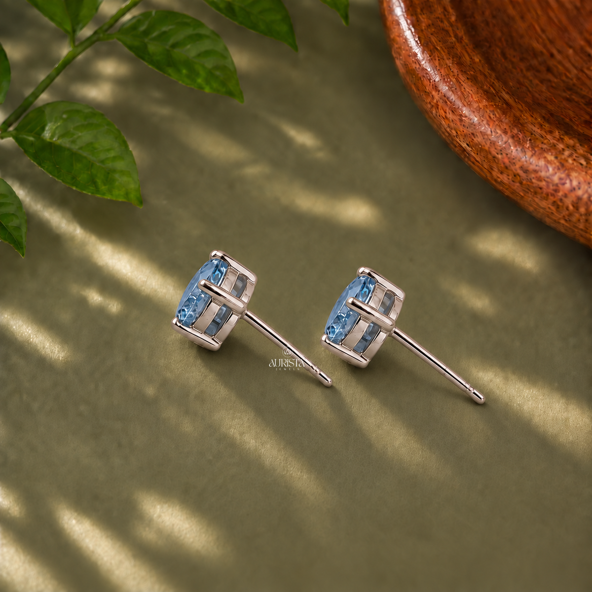 Blue Round Solitaire Stud Earrings Lab Grown in Diamond Minimalist Daily Jewelry