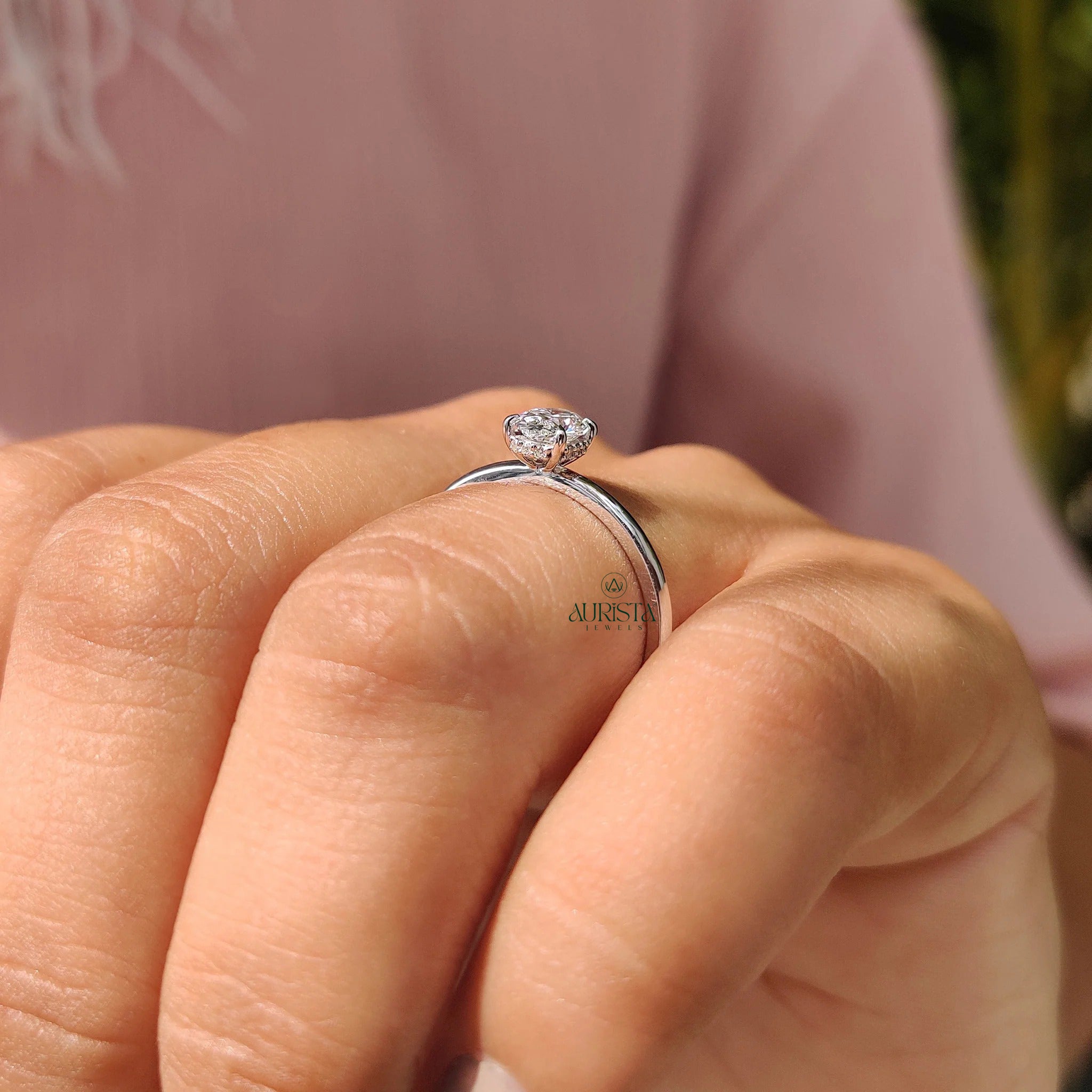 Oval Cut Diamond Four Prong Solitaire Ring with Hidden Halo