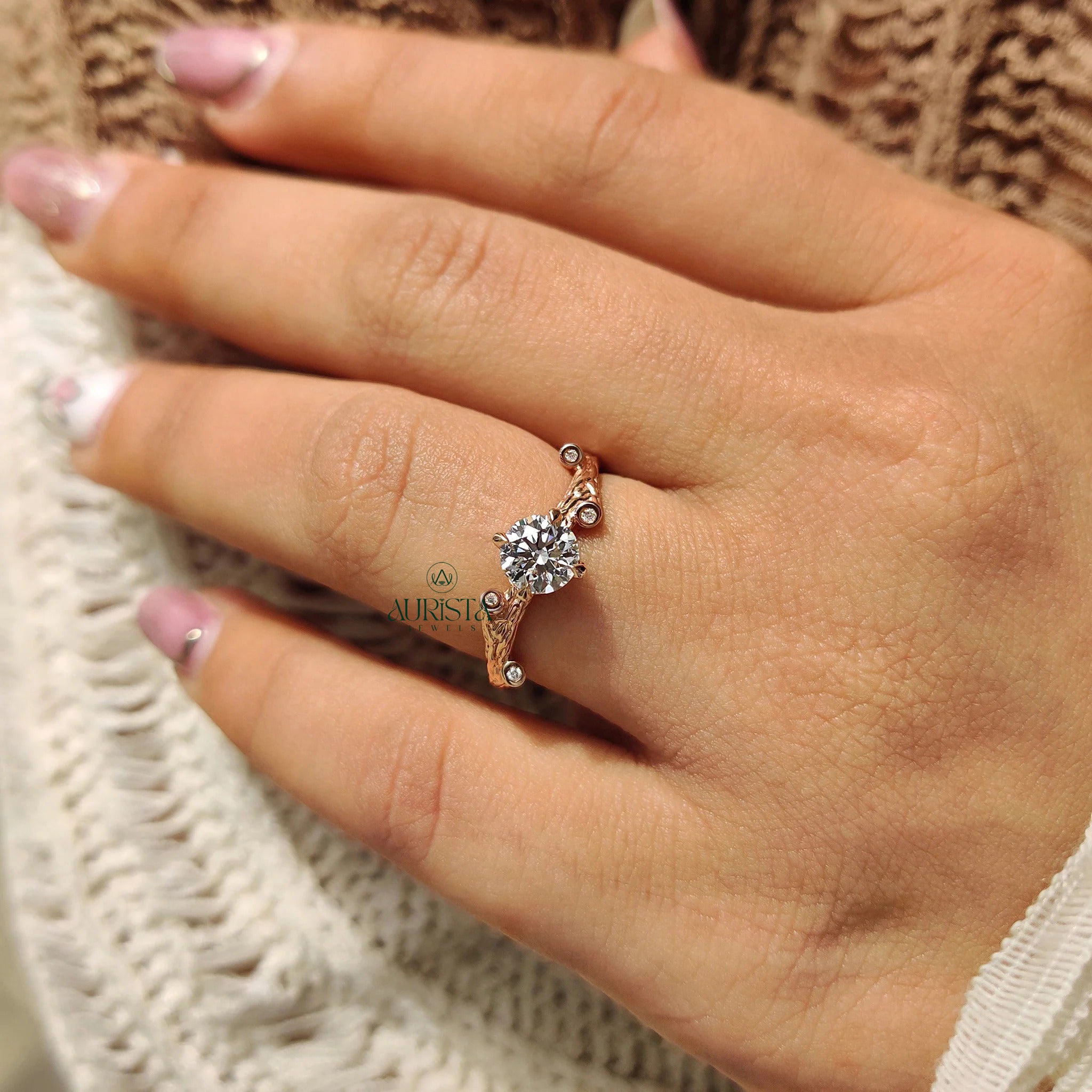 Round Brilliant Cut Diamond Twig Ring with Bezel Set Side Stones