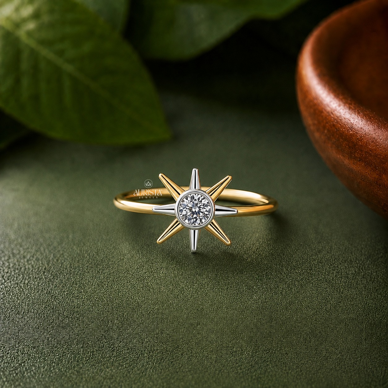 Lab Grown Diamond Gold North Star Ring Celestial Solitaire Stacking Band Statement