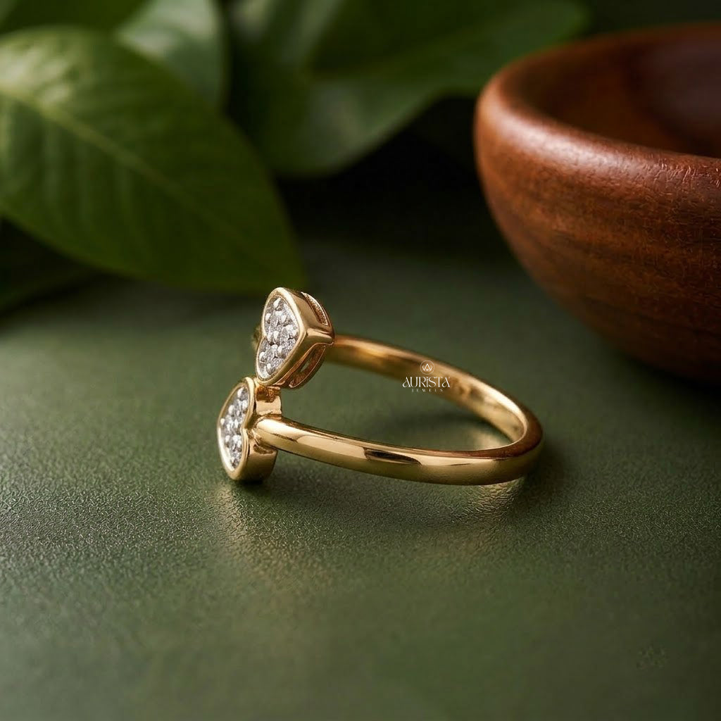 Lab Grown Diamond Gold Double Heart Ring Bypass Band Romantic Stacking Jewelry