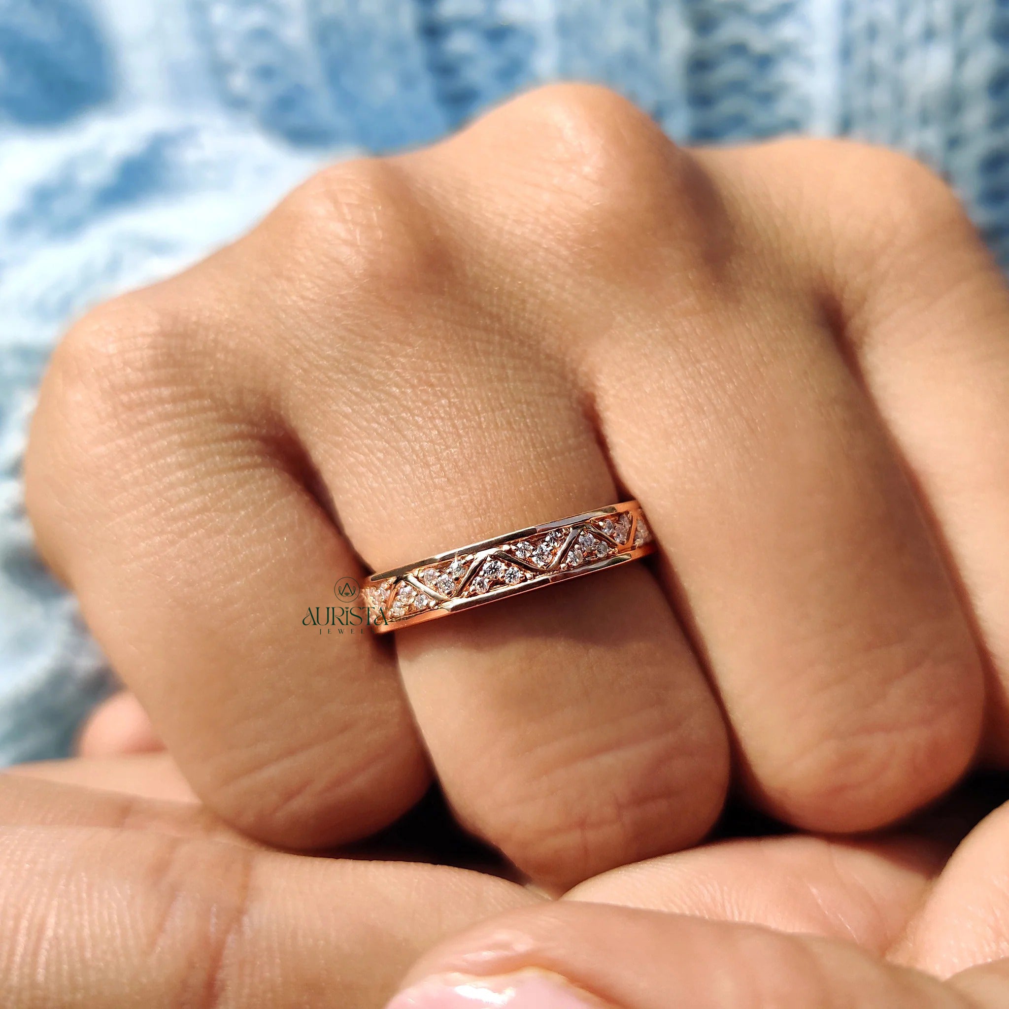 Moissanite Diamond Engraved Rose Gold Band Minimalist Geometric Wedding Ring