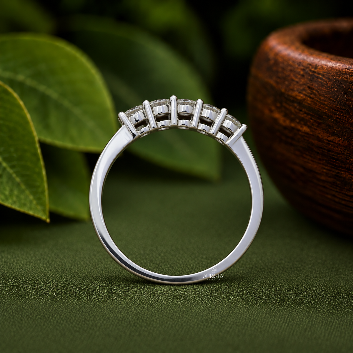 Round Cut Lab Grown Diamond Five Stone Ring, Dainty Stackable Wedding Band