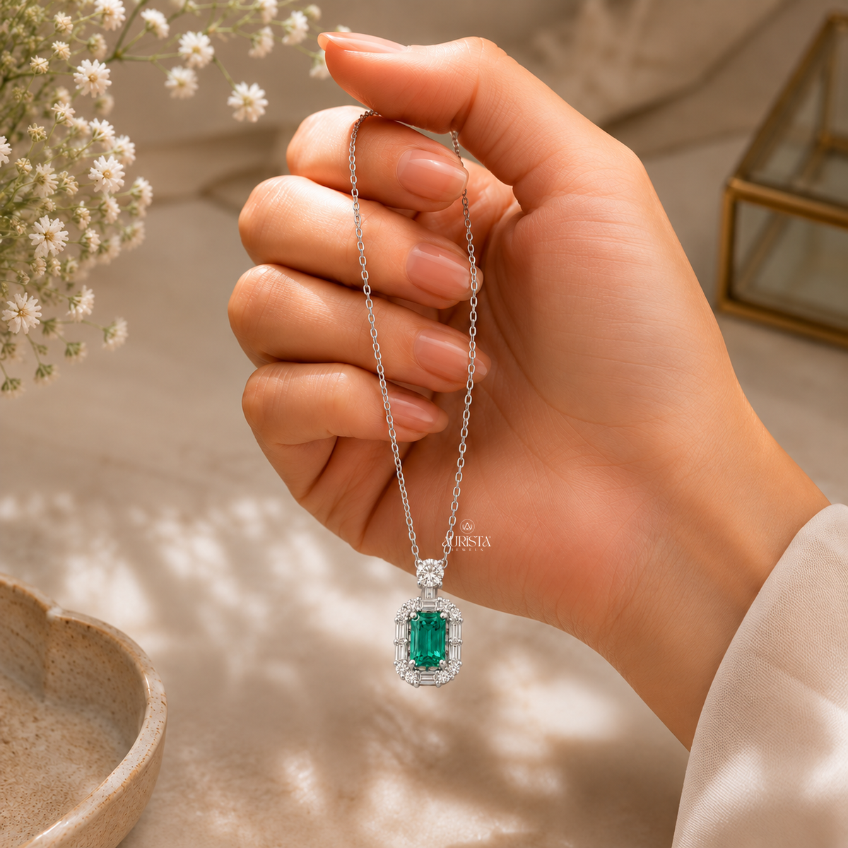 Green Emerald Halo Pendant Necklace Lab Grown in Diamond Fine Jewelry