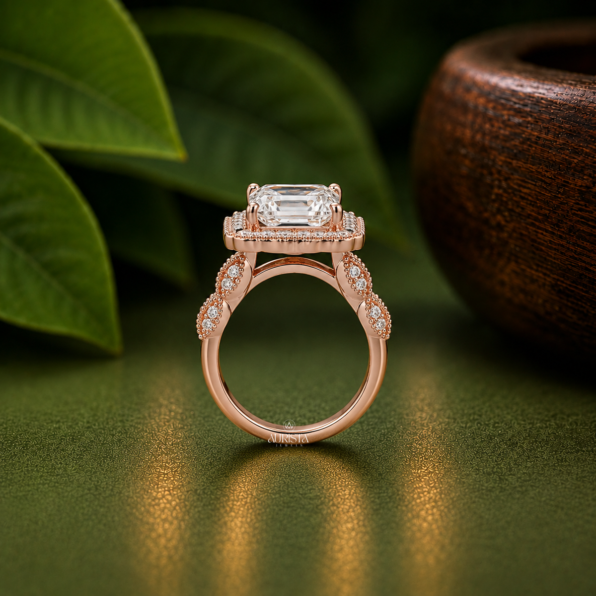 Emerald Lab Grown Diamond Ring, Vintage Milgrain Halo Round Side Stones Rose Gold