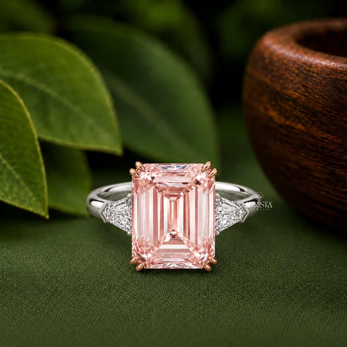 Lab Grown in Diamond Pink Emerald Cut Ring Three Stone Engagement Ring Statement
