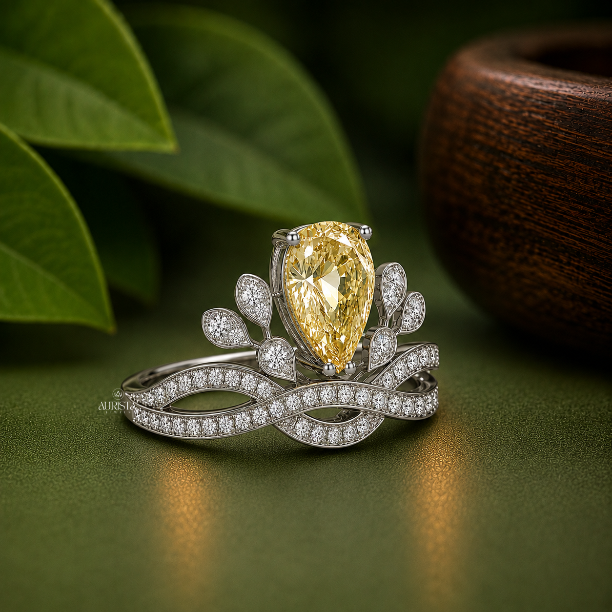Yellow Pear Lab Grown in Diamond Crown Ring Intertwined Statement Band