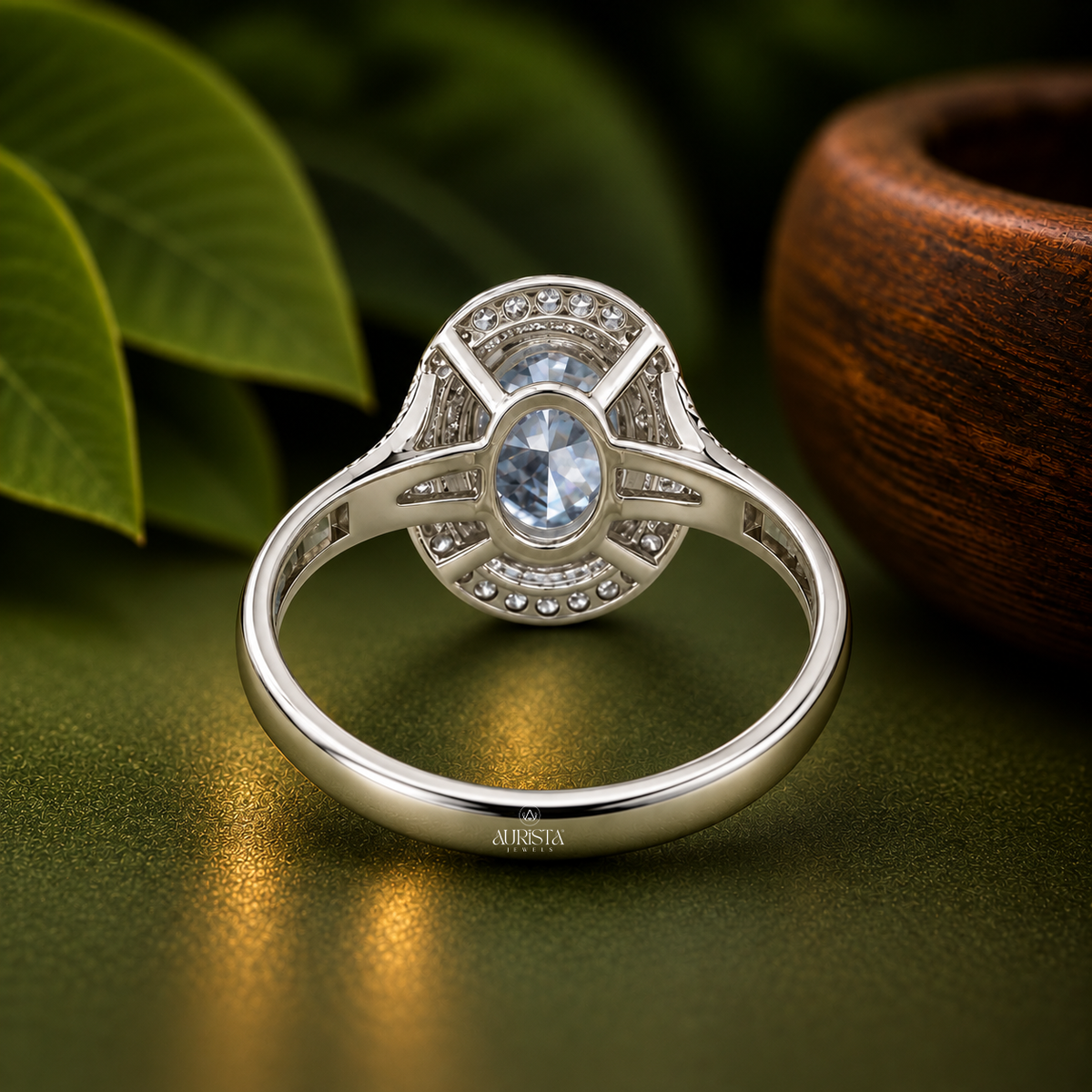 Blue Oval Double Halo Engagement Ring Split Shank Band Lab Grown in Diamond