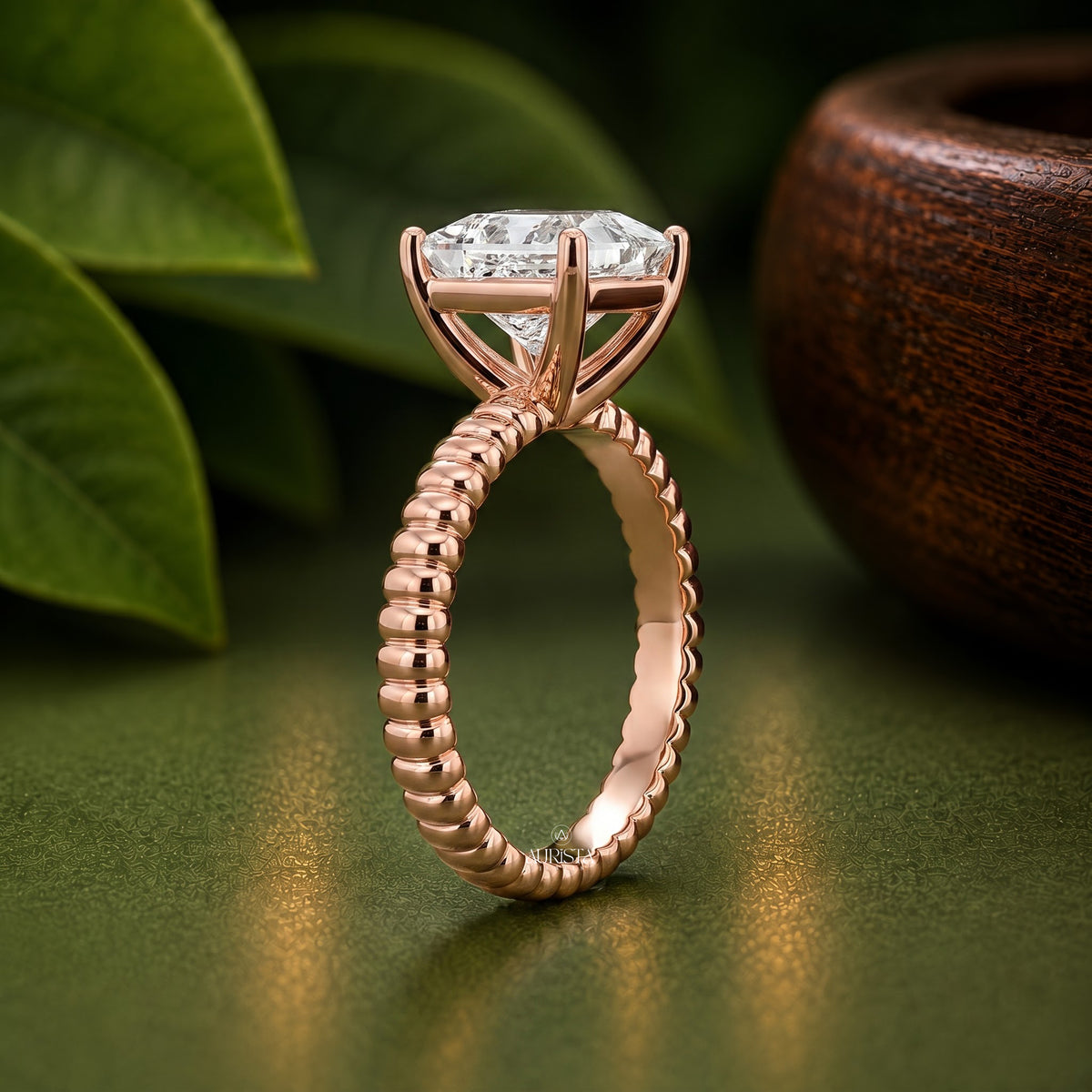 Princess Shape Lab Grown Diamond Ring, Unique Ribbed Dome Rose Gold Solitaire Band