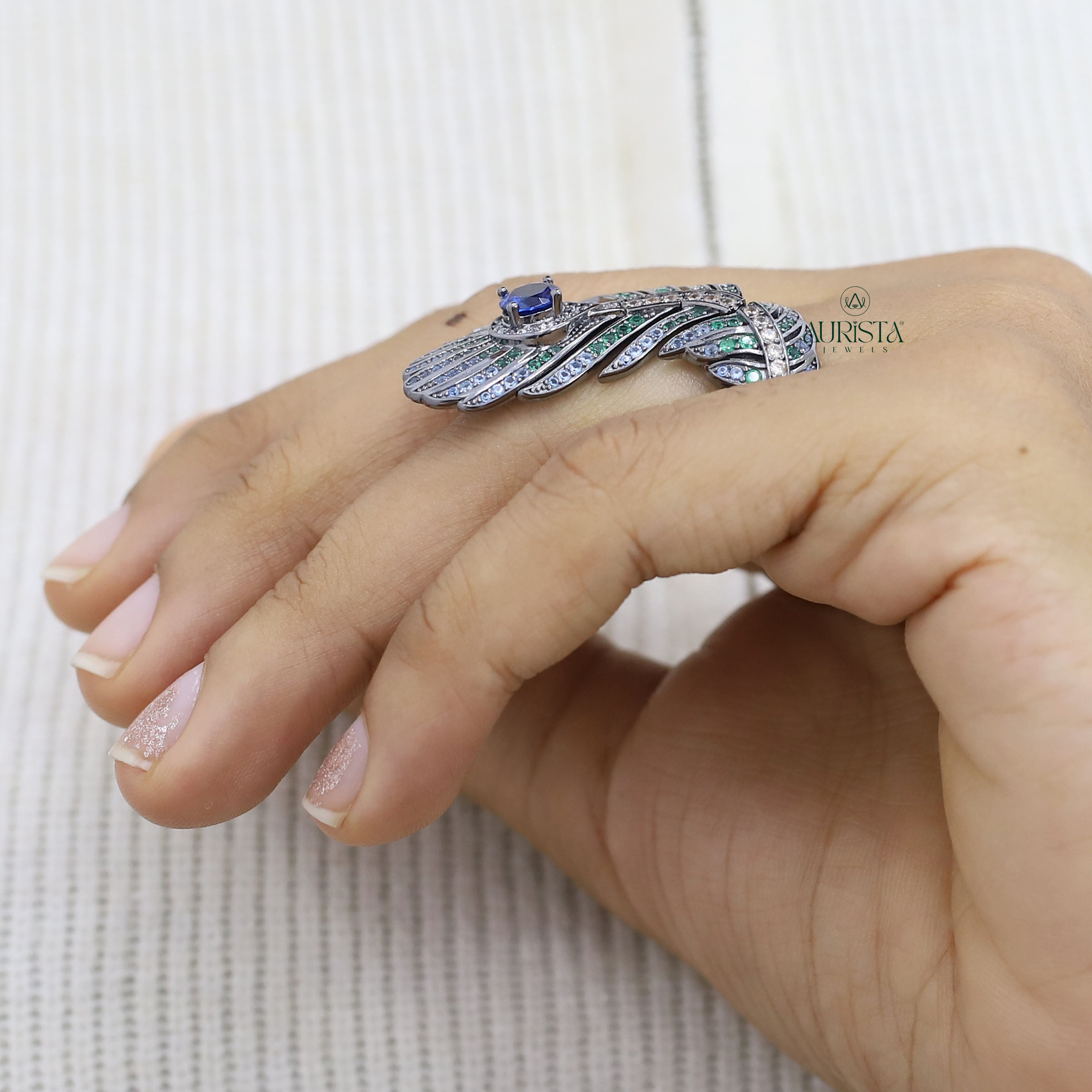 Peacock Feather Moissanite Ring - Blue Sapphire & Round Gemstone Statement Ring