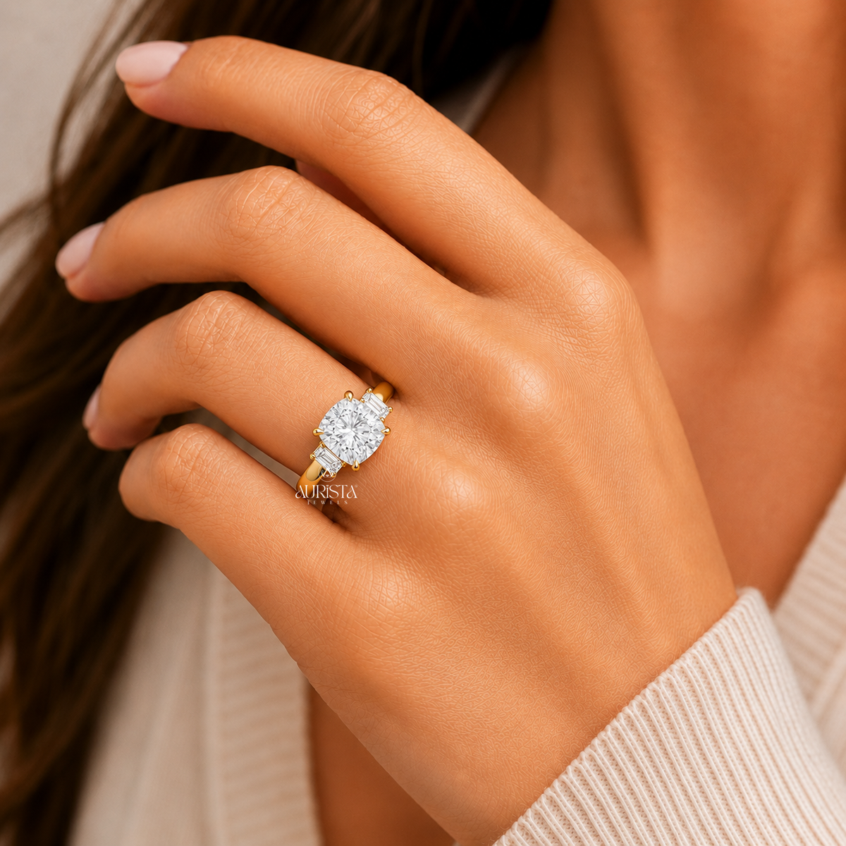 Cushion & Emerald Lab Grown Diamond Three Stone Ring, Thick Band Engagement Ring Band