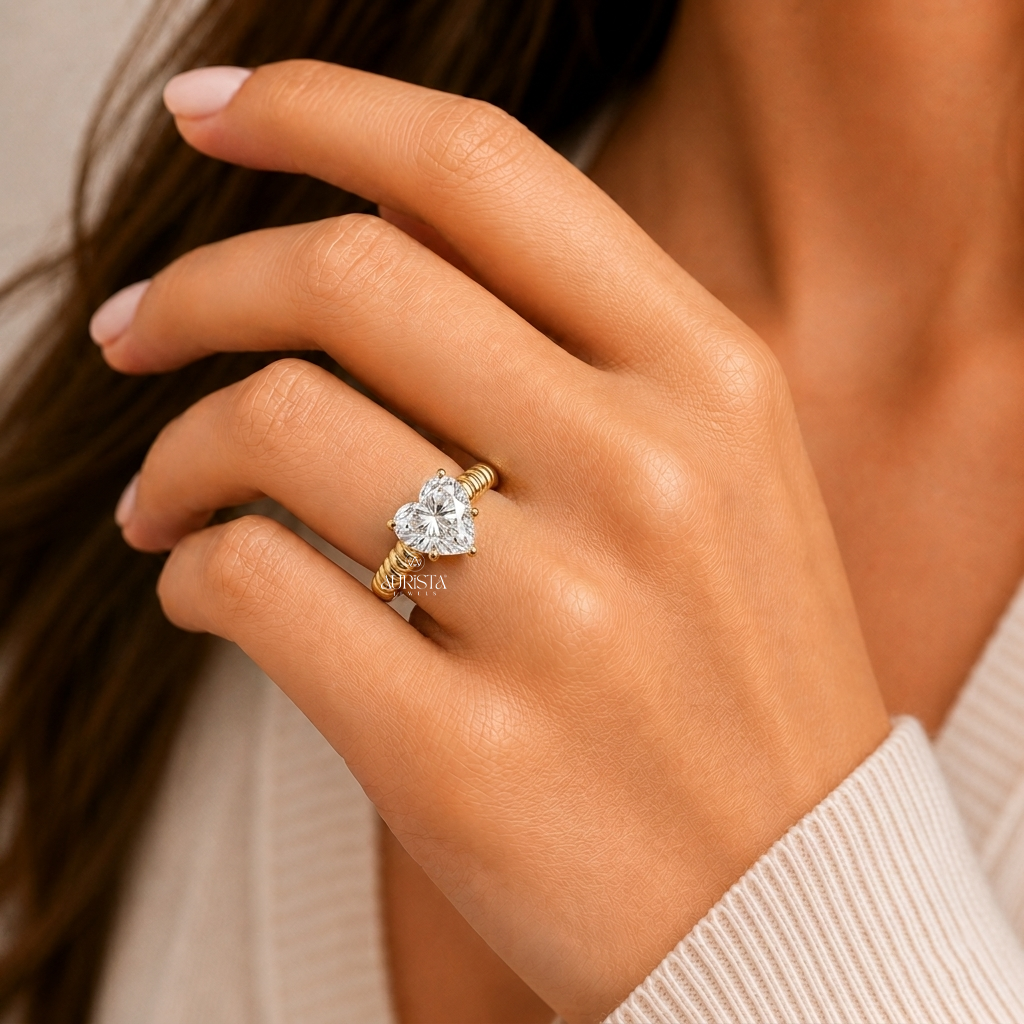 Heart Shape Lab Grown Diamond Ring, Unique Ribbed Dome Yellow Gold Band Solitaire